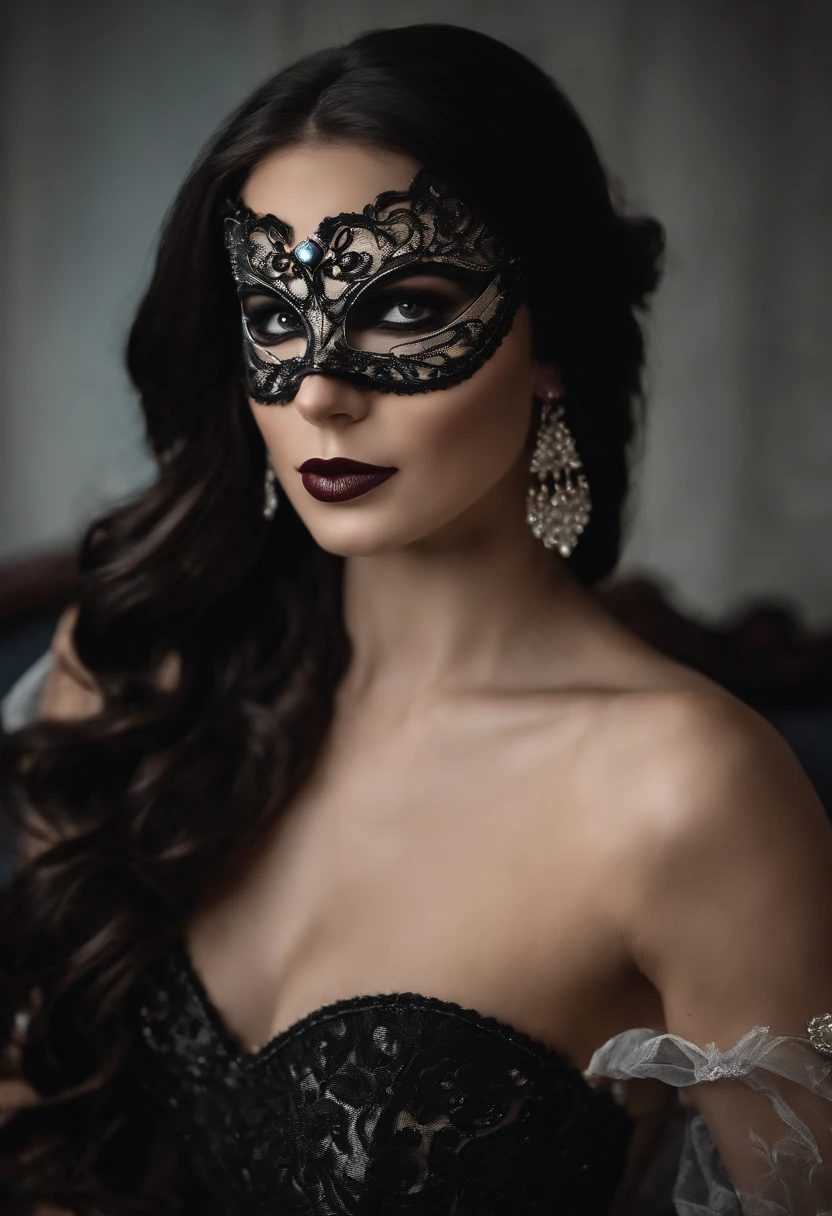 The girl is beautiful, with fair skin, long straight black hair, and is wearing a masquerade mask from a masquerade party. She is approximately 27 years old and is Argentine. The raw, unfiltered picture shows a cute, fit girl with long, straight black hair. She has fair (white) skin, a pronounced bust, and no piercings, no tattoos. She is wearing clothes and a masquerade in all the photos. The model transforms into a high-rolling Vegas vacationer, dressed in an elegant and lavish outfit. She can humorously pretend to be on a winning streak at the slots or living the high life at an extravagant Vegas resort. She is wearing a masquerade