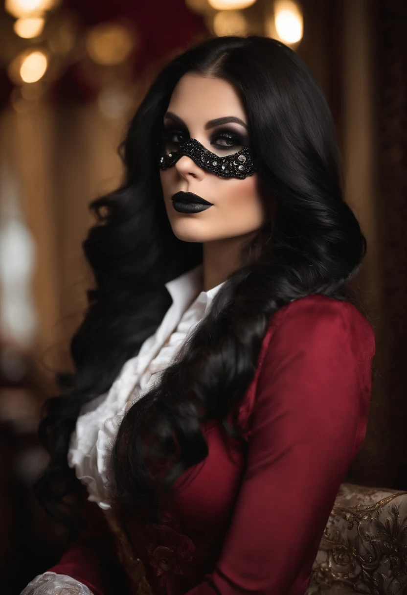 The girl is beautiful, with fair skin, long straight black hair, and is wearing a masquerade mask from a masquerade party. She is approximately 27 years old and is Argentine. The raw, unfiltered picture shows a cute, fit girl with long, straight black hair. She has fair (white) skin, a pronounced bust, and no piercings, no tattoos. She is wearing clothes and a masquerade in all the photos. The model transforms into a high-rolling Vegas vacationer, dressed in an elegant and lavish outfit. She can humorously pretend to be on a winning streak at the slots or living the high life at an extravagant Vegas resort. She is wearing a masquerade
