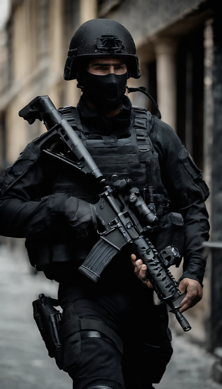 (Best quality,4K,8K,A high resolution,Masterpiece:1.2),Ultra-detailed,(Realistic,Photorealistic,photo-realistic:1.37), One of them wore a black SWAT uniform,Man in black helmet, A man in a black mask holds a gun, Air rifle CQB, French Special Operations, realistic soldiers, Soldiers in tactical equipment, tactical gear, cinematic —ar 16:9, realistic military equipment, Tactical armor, Black tactical equipment, combat outfit, Futuristic soldier costume, special forces security(Best quality,4K,8K,A high resolution,Masterpiece:1.2),Ultra-detailed,(Realistic,Photorealistic,photo-realistic:1.37), One of them wore a black SWAT uniform,Man in black helmet, A man wearing a black skull mask holds a gun, assault rifle,CQB, French Special Operations, realistic soldiers, Soldiers in tactical equipment, tactical gear, cinematic —ar 16:9, realistic military equipment, Tactical armor, Black tactical equipment, combat outfit, Futuristic soldier costume, special forces security,FBI official