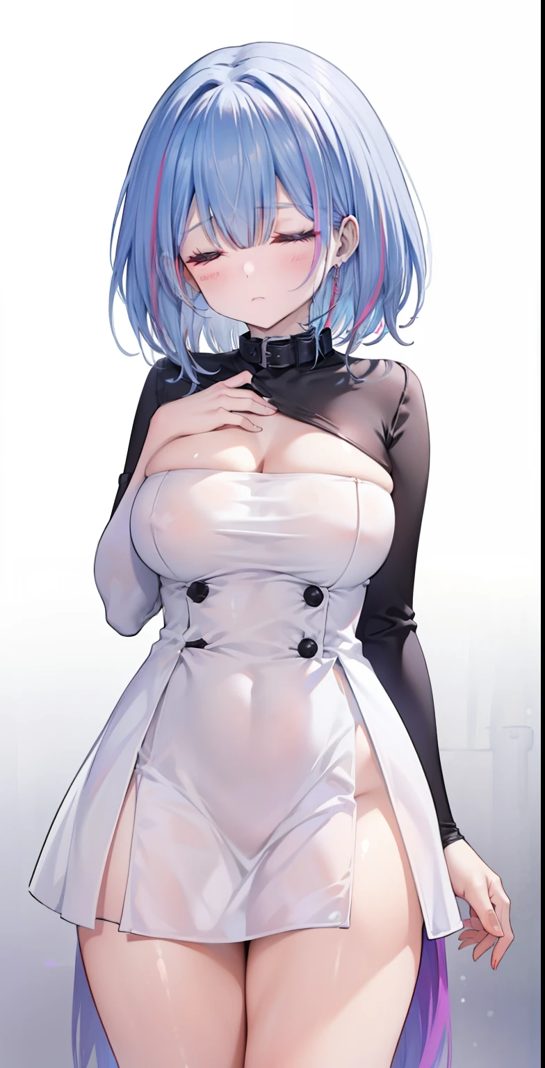 adult woman, 25 years old, close-up, (detailed emotion), (depressed), (remorse), (regret), (closed eyes), (black hair: 1,2), (short hair), (red gradient hair , blue gradient hair, purple gradient hair), (multicolor gradient hair), (all gradient hair: 1.3), (white dress), (black collar), big chest, waist, thick legs, thick thighs, (white background),