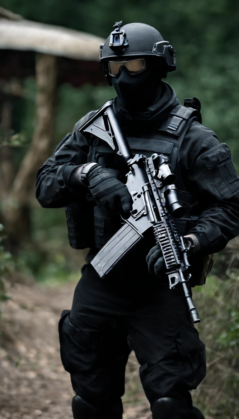 (Best quality,4K,8K,A high resolution,Masterpiece:1.2),Ultra-detailed,(Realistic,Photorealistic,photo-realistic:1.37), One of them wore a black SWAT uniform,Man in black helmet, A man in a black mask holds a gun, Air rifle CQB, French Special Operations, realistic soldiers, Soldiers in tactical equipment, tactical gear, cinematic —ar 16:9, realistic military equipment, Tactical armor, Black tactical equipment, combat outfit, Futuristic soldier costume, special forces security(Best quality,4K,8K,A high resolution,Masterpiece:1.2),Ultra-detailed,(Realistic,Photorealistic,photo-realistic:1.37), One of them wore a black SWAT uniform,Man in black helmet, A man wearing a black skull mask holds a gun, assault rifle,CQB, French Special Operations, realistic soldiers, Soldiers in tactical equipment, tactical gear, cinematic —ar 16:9, realistic military equipment, Tactical armor, Black tactical equipment, combat outfit, Futuristic soldier costume, special forces security,FBI official