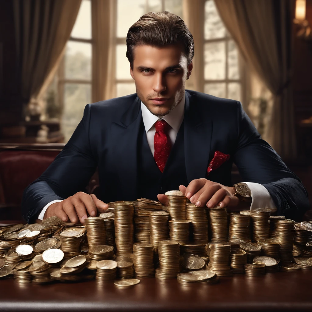 Handsome rich man,There was a pile of bills and coins on the table in front of him，Real Photographics, Intense expression, Determined eyes, Sweat dripped down his face, Ruffled suit,  Realism. (Best quality, A high resolution, Ultra-detailed), (Realistic:1.37), professional, Vivid colors.