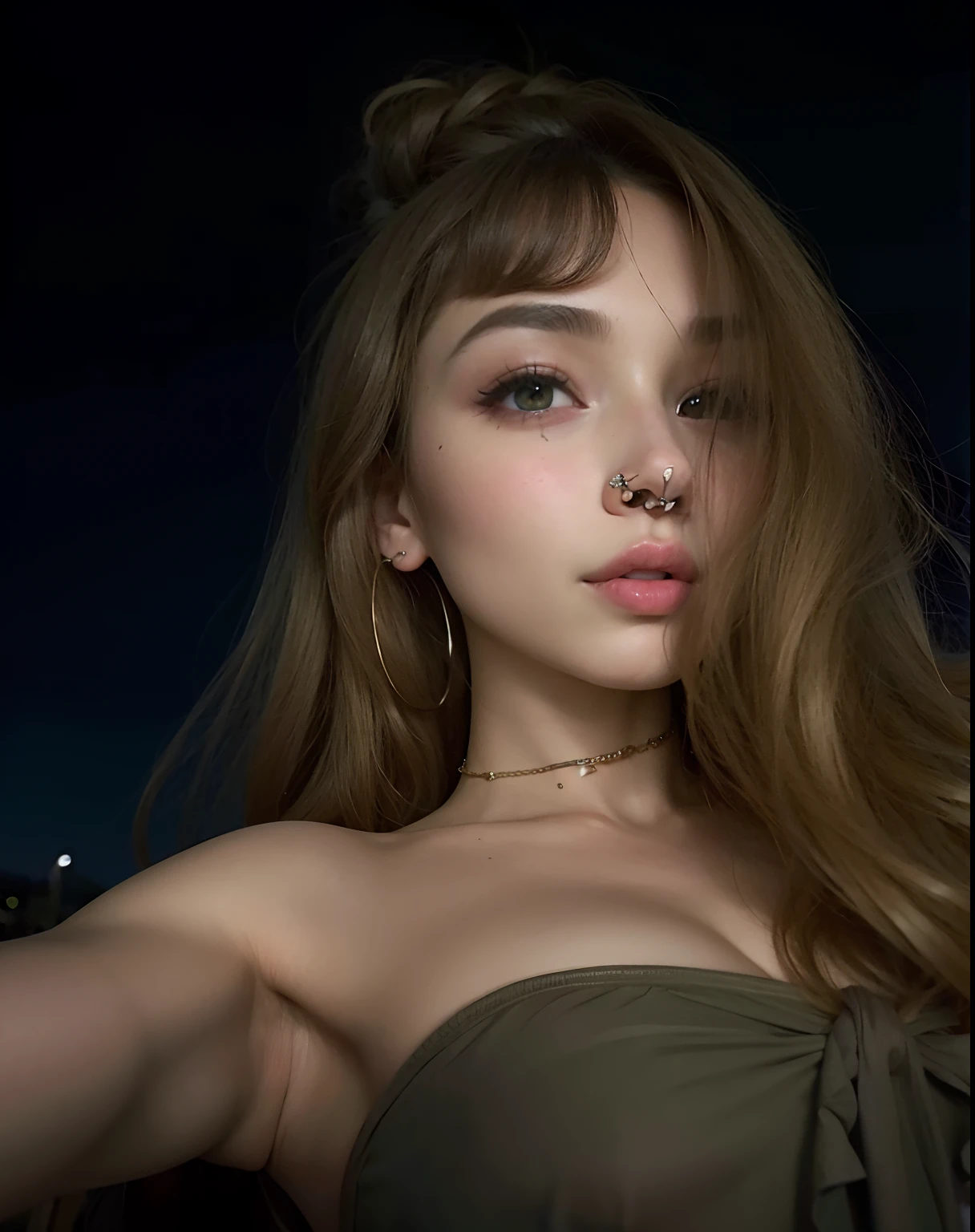 There is a woman with a nose piercing and a dress, 18 anos de idade, Retrato de Sophie Mudd, 2 modelo feminino de 4 anos, de 19 anos, rosto sexy, dasha taran, com cabelos longos e olhos penetrantes, sorriso sensual, Anna Nikonova aka Newmilky, 19 anos, 1 6 anos