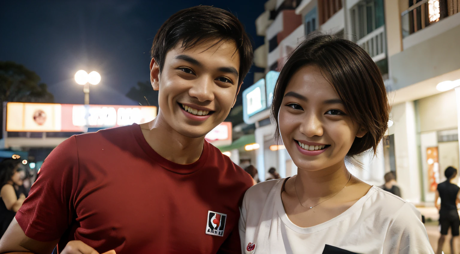 Medium shot of a 35 year old indonesian man, fit body, ideal body, oval face, white skin, nature skin, medium hair, wearing a shirt , side by side with a 25 year old indonesian woman with, gray crop tot, they smile facing the camera, eye to camera, eye level angle with City view in the background