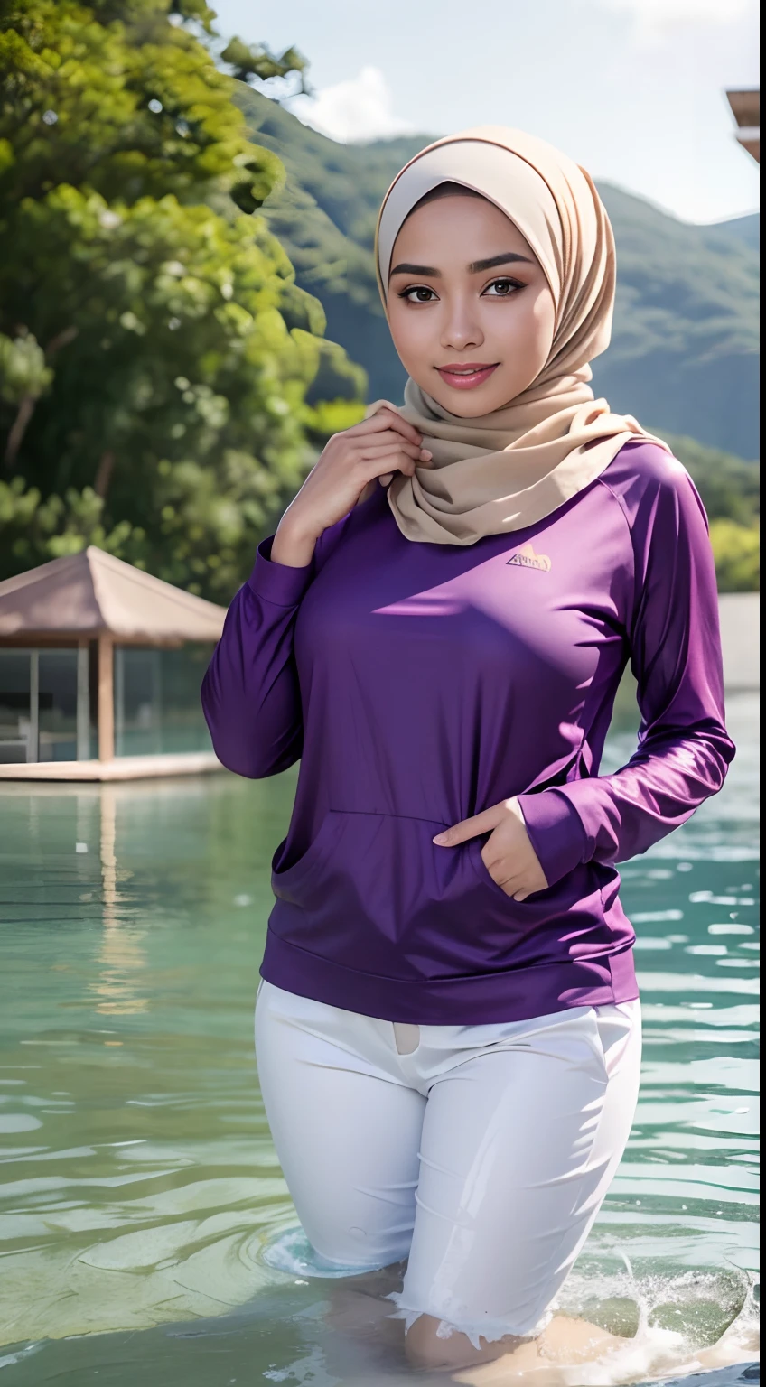 RAW, Best quality, high resolution, masterpiece: 1.3), beautiful Malay woman in hijab (iu:0.8),Best quality, high resolution, Masterpiece: 1.3, Beautiful hijabi malay girl, Masterpiece, Soft smile,Beautiful Malay women wear pastel color hijab setting in water park , waterpoll,bright sunshine, hiking clothes, pullover, long pants, highres,4k,HDR,1girl, photorealistic, realistic,sweat skin, wet clothes, wet body, big breast, ((full body))soaked, dripping, smiling at viewer, closeup