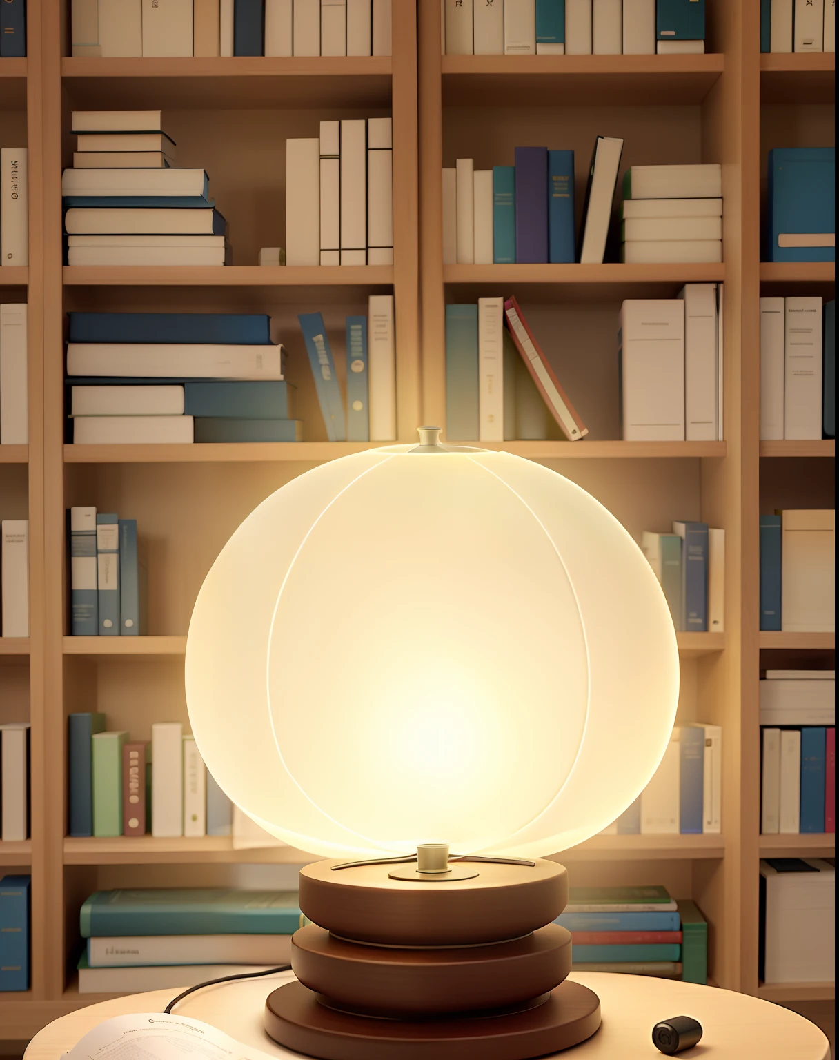 Um fisioterapeuta novo parado na frente, illuminated by the light of a lamp, contra o pano de fundo de uma biblioteca