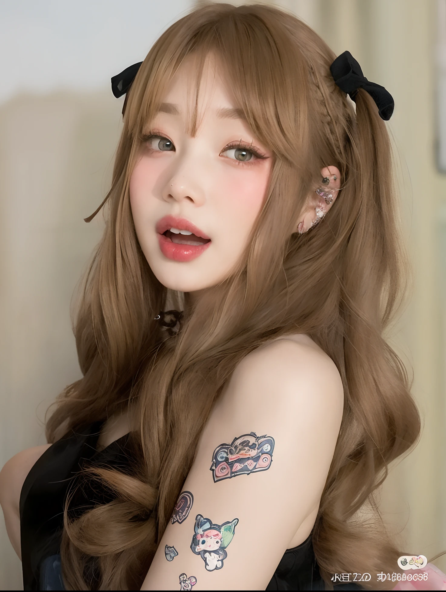 a close up of a woman with a tattoo on her arm, kawaii retrato realista, Penteado kawaii, cabelo longo castanho com franja, Ulzzang, penteado twintails, kawaii estilo de cabelo, O corte Hime, menina kawaii bonito, franja marrom, com cabelos longos e olhos penetrantes, cabelos longos com franja, penteado pigtails, cabelo harajuku, cara ahegao