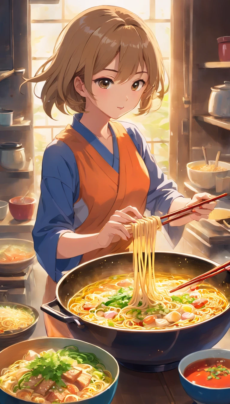 Delicious and attractive spicy noodles,Plenty of fresh vegetables,The aroma of poached eggs is overflowing,Brown shells are tasty and tasty,pepper has a strong flavor,Yellow bamboo shoots are crispy and delicious,The fungus has a delicate taste,Soy curd has a good final flavor,Noodles caught with chopsticks are fragrant。Illustration