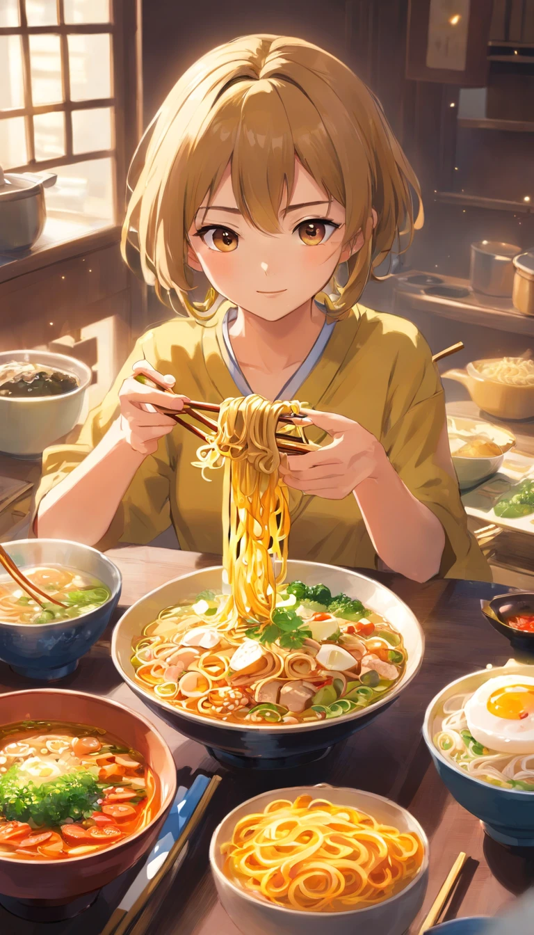 Delicious and attractive spicy noodles,Plenty of fresh vegetables,The aroma of poached eggs is overflowing,Brown shells are tasty and tasty,pepper has a strong flavor,Yellow bamboo shoots are crispy and delicious,The fungus has a delicate taste,Soy curd has a good final flavor,Noodles caught with chopsticks are fragrant。Illustration