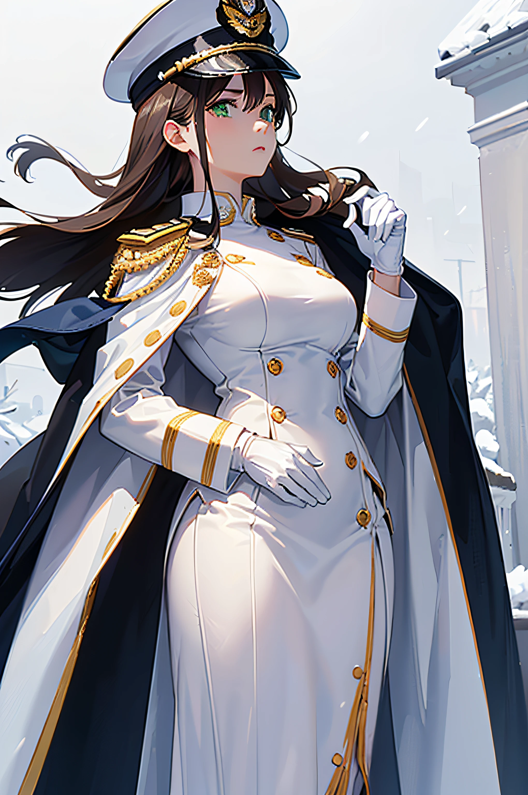 (masterpiece), best quality, expressive eyes, perfect face, (female adult), serious expression, (green eyes), (brunette medium hair), (medium breasts), ((wearing A navy captain's "Full Dress white Uniform" with full-sized medals, white gloves)), ((wearing a white peaked cap)), ((wearing a white Navy Officer Uniform Cape)), (standing a snowy battlefield), (side view), (looking at the viewer)