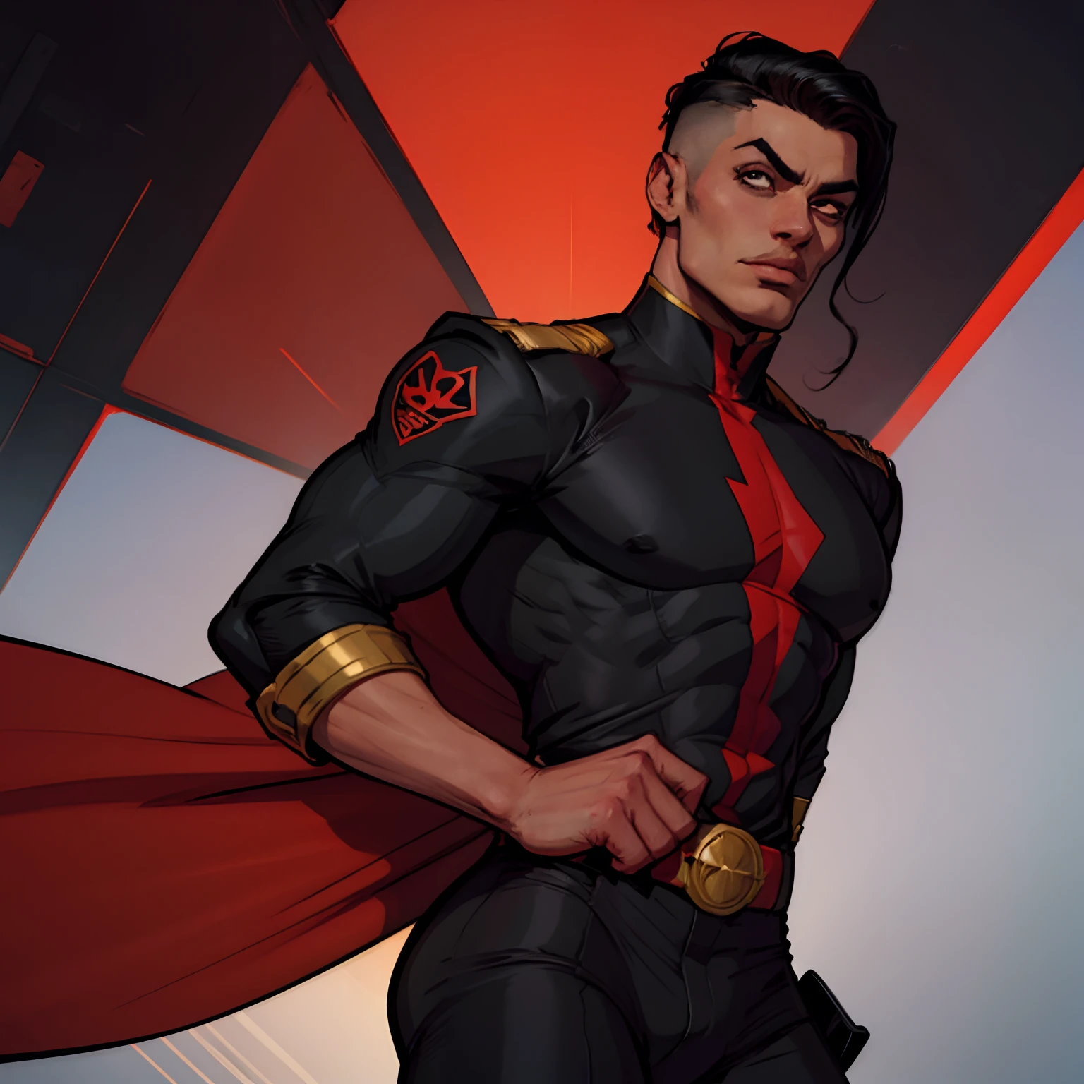 Cartoon of a black uniform super villain man with bright red details