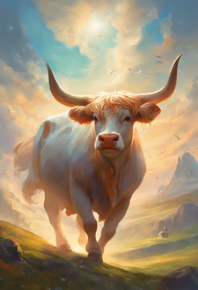 20 cows flying in the sky and a man standing on the ground blowing into the sky