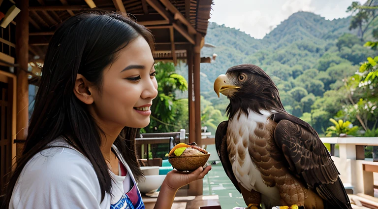 a hyper realistic photography of a happy Malaysians woman feeding an Eagle in langkawi