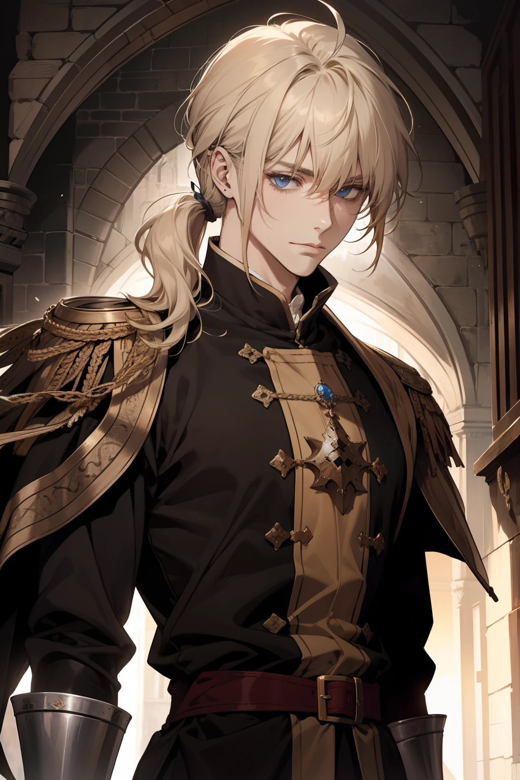 1 male, relaxed, messy blond hair with bangs in a low ponytail, royalty, black clothes, beautiful, lean body, in a castle, medieval fantasy, gentle