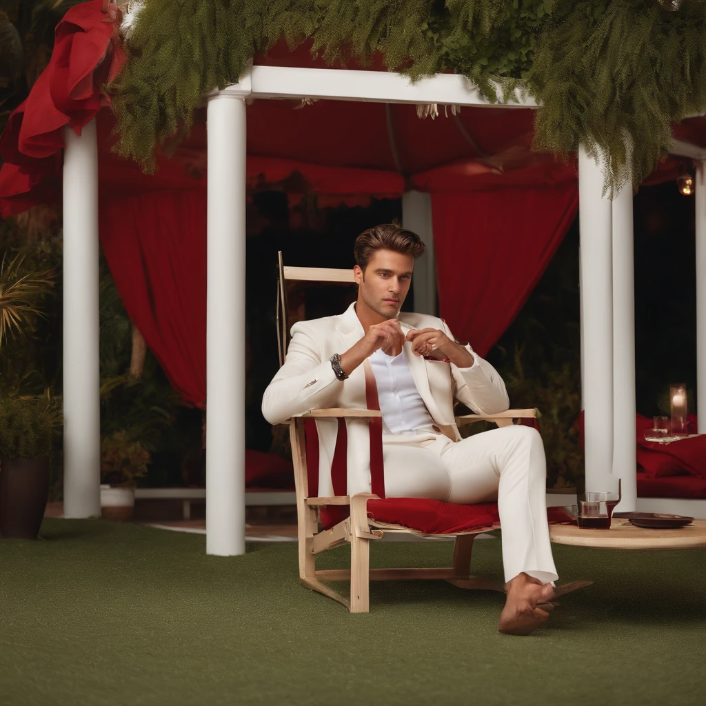 Handsome rich man,Sit on a beach chair,Red wine in hand,luxury goods,Real Photographics, Intense expression, Determined eyes, Sweat dripped down his face, Ruffled suit, Realism. (Best quality, A high resolution, Ultra-detailed), (Realistic:1.37), professional, Vivid colors.