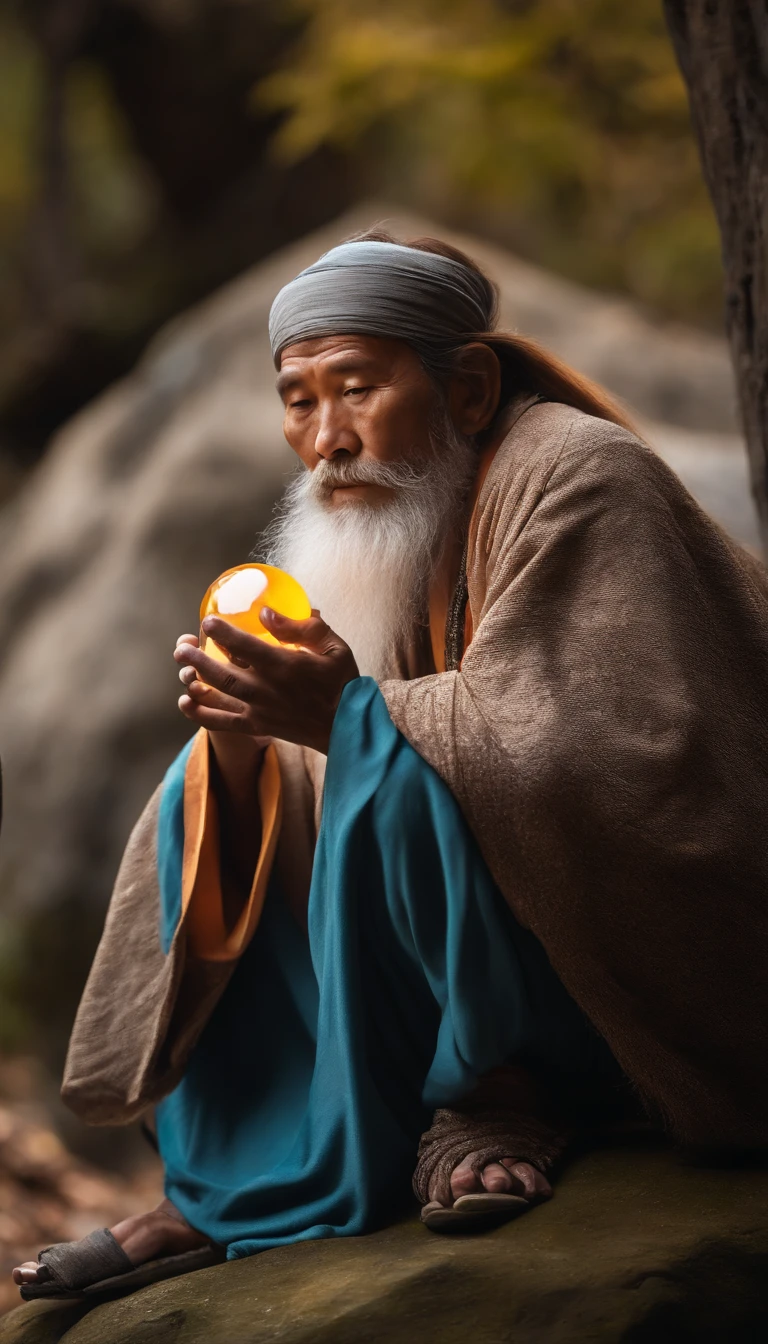 Close-up portrait of a Japan hermit sitting on a stone,Long hair,plump body,short mustache,Holding a shining crystal ball in your hand,staring directly at camera,Cross-legged meditate, at centre,Very bright colors, light Particle, with light glowing, Mushiv, Wallpaper Art, UHD Wallpapers