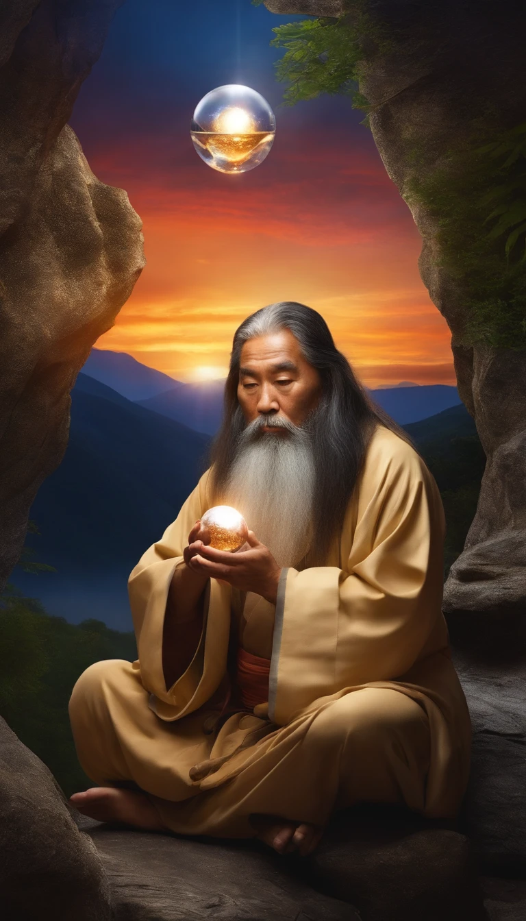 Close-up portrait of a Japan hermit sitting on a stone,Long hair,plump body,short mustache,Holding a shining crystal ball in your hand,staring directly at camera,Cross-legged meditate, at centre,Very bright colors, light Particle, with light glowing, Mushiv, Wallpaper Art, UHD Wallpapers