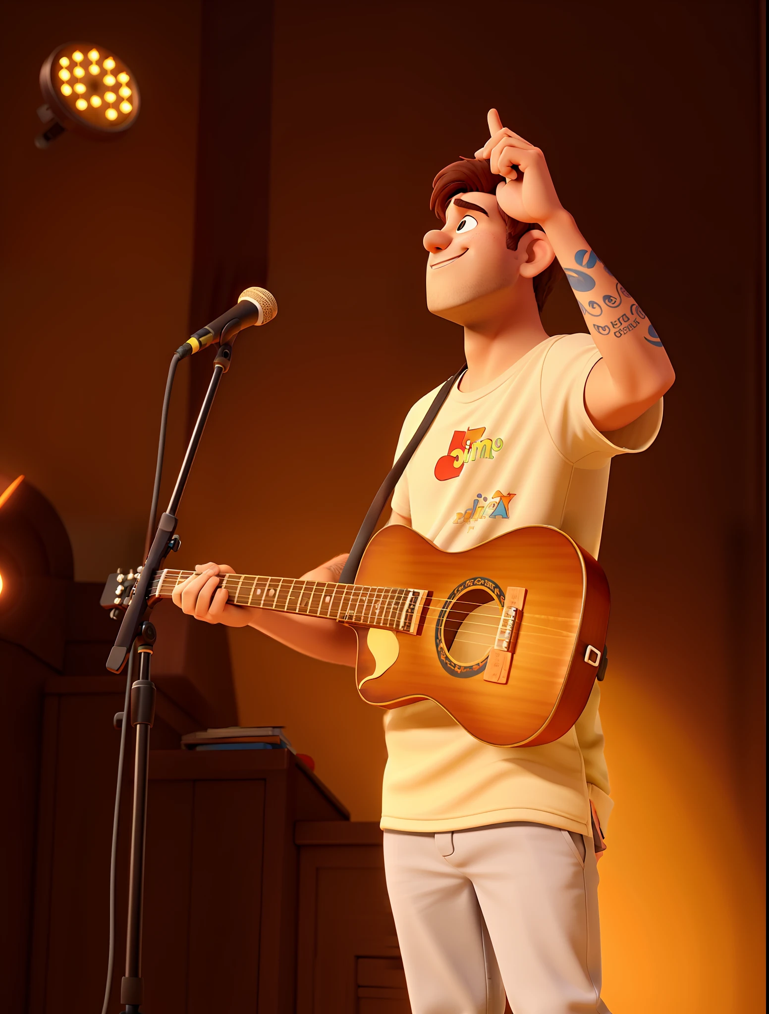 Um Homem tocando guitarra estilo disney Pixar, alta qualidade, melhor qualidade