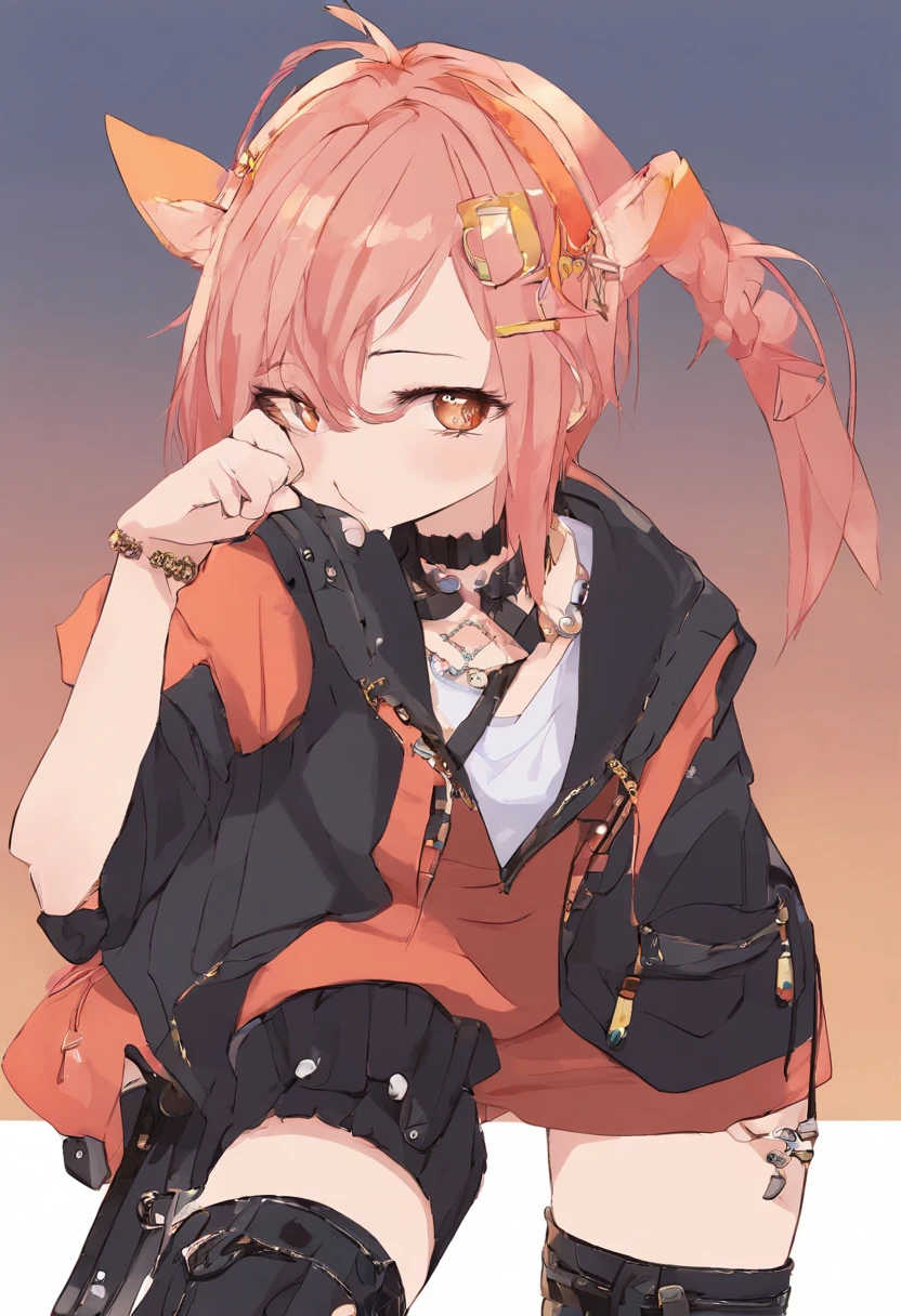 1boy, punk, punk boy, black clothes, black footwear, black gloves, blush, boots, collar, ear piercing, elbow gloves, emo, emo boy, femboy, fingerless gloves, legwear, fishnets, goth, goth boy, hair between eyes, jewelry, knee boots, long hair, looking at viewer, male, male only, necklace, open mouth, pointy ears, orange hair, black eyes, sharp teeth, very long hair, sitting, solo, spiked collar, teeth, thick eyebrows, thighhighs, tongue, tongue out, trap