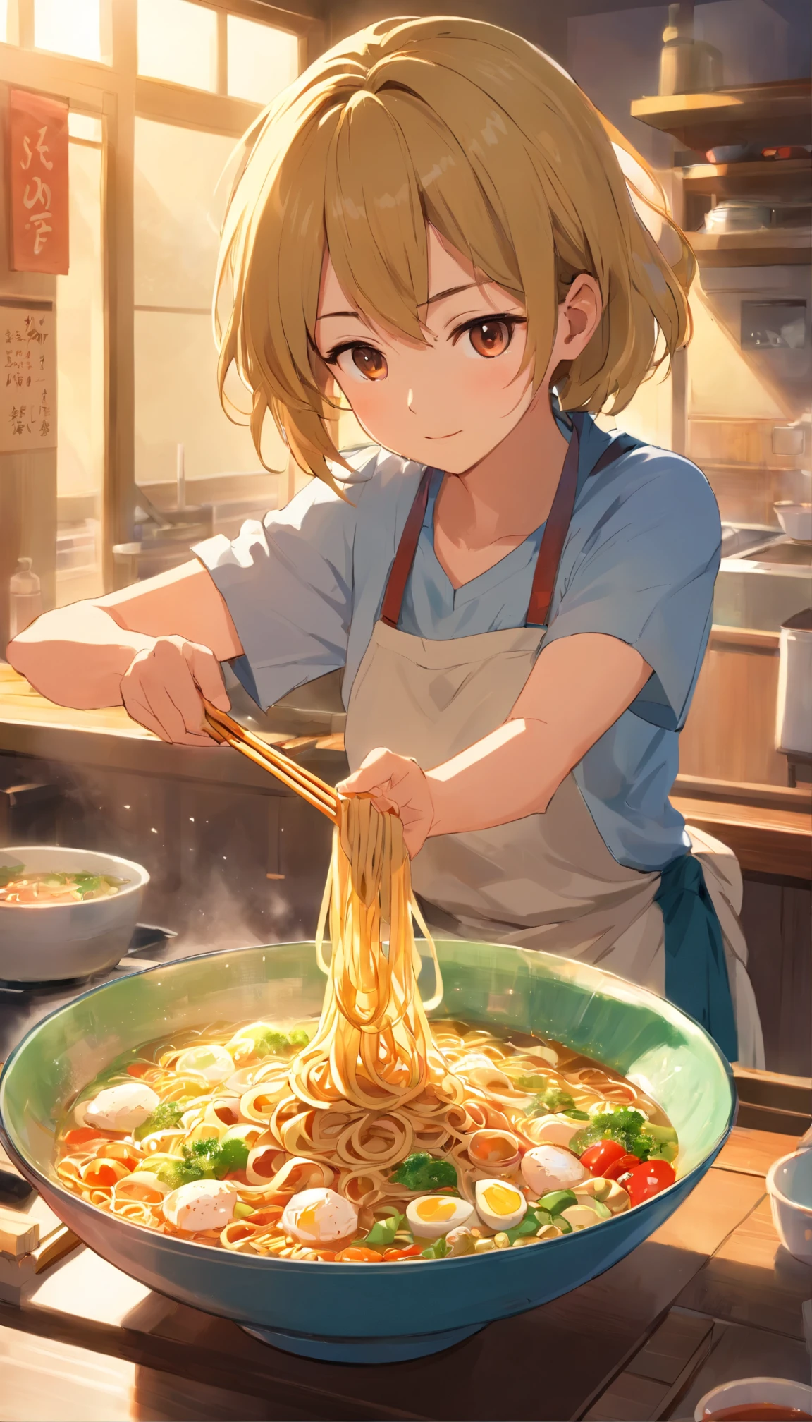 Delicious and attractive spicy noodles，Plenty of fresh vegetables，The aroma of poached eggs is overflowing，Brown shells are tasty and tasty，pepper has a strong flavor，Yellow bamboo shoots are crispy and delicious，The fungus has a delicate taste，Soy curd has a good final flavor，Noodles caught with chopsticks are fragrant。Illustration