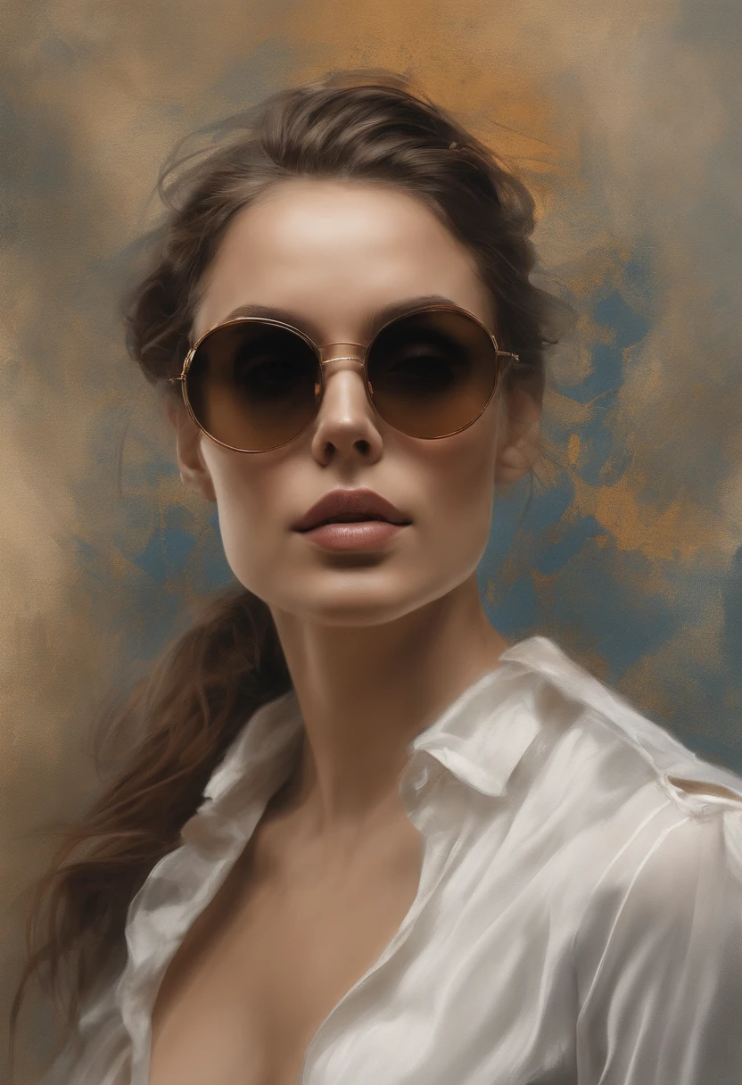 Perfect centralization, rato bonito, Use uma blusa ocre, brinco e colar dourados, wearing sunglass, alegria, Standing position, beleza abstrata, Centrado, looking at the camera, Facing the camera, nearing perfection, Dynamic, altamente detalhado, liso, foco nítido, 8k, high-definition resolution, illustration, arte de Carne Griffiths e Wadim Kashin, fundo branco