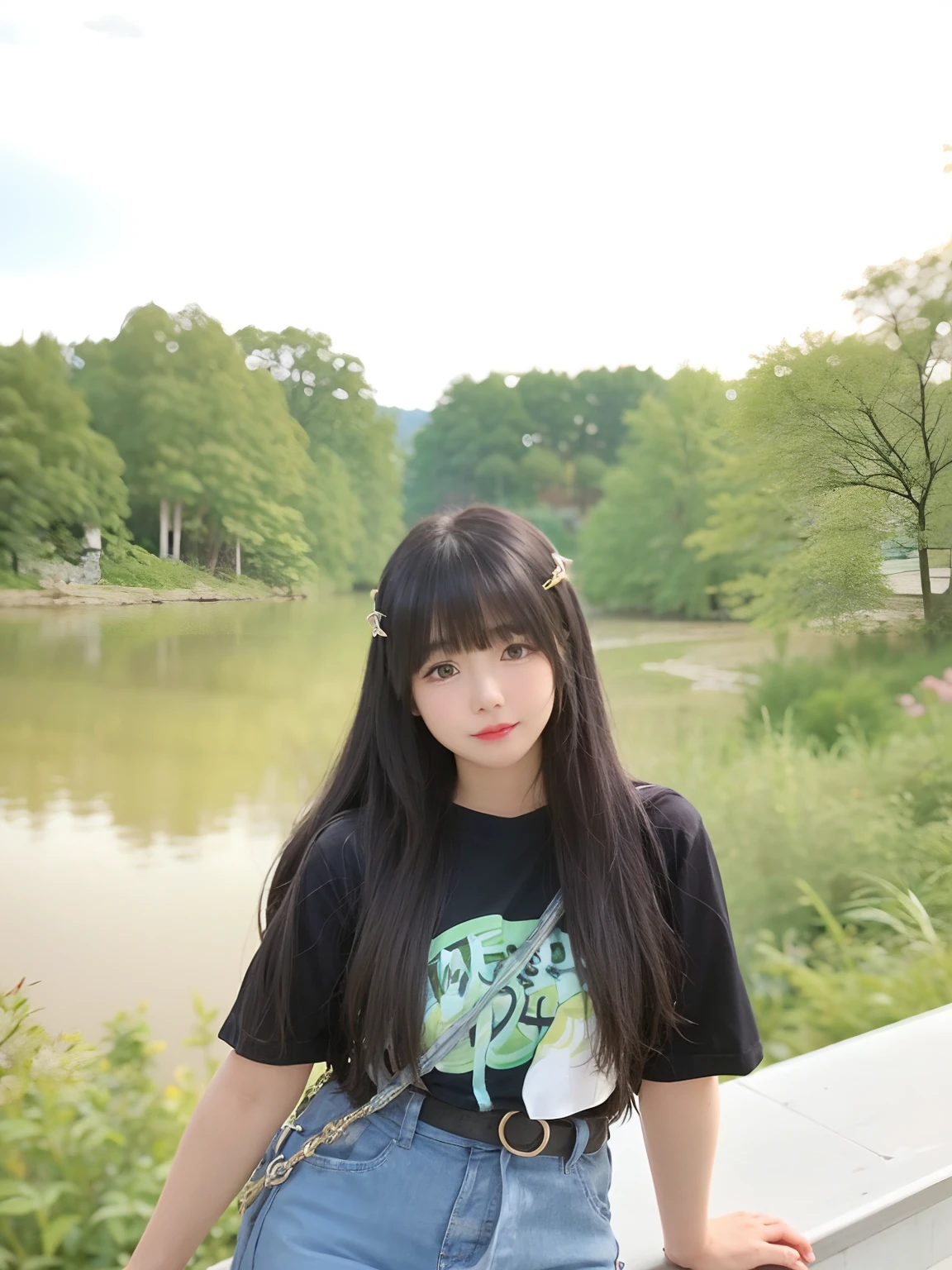 The Arad woman stands on a bridge near a body of water, With long hair, Anime Thai girl, Long hair with bangs, Asian girl with long hair, with a park in the background, Long black hair with bangs, taken with sony alpha 9, photo taken with canon 5d, taken with canon 8 0 d, park in background, With bangs
