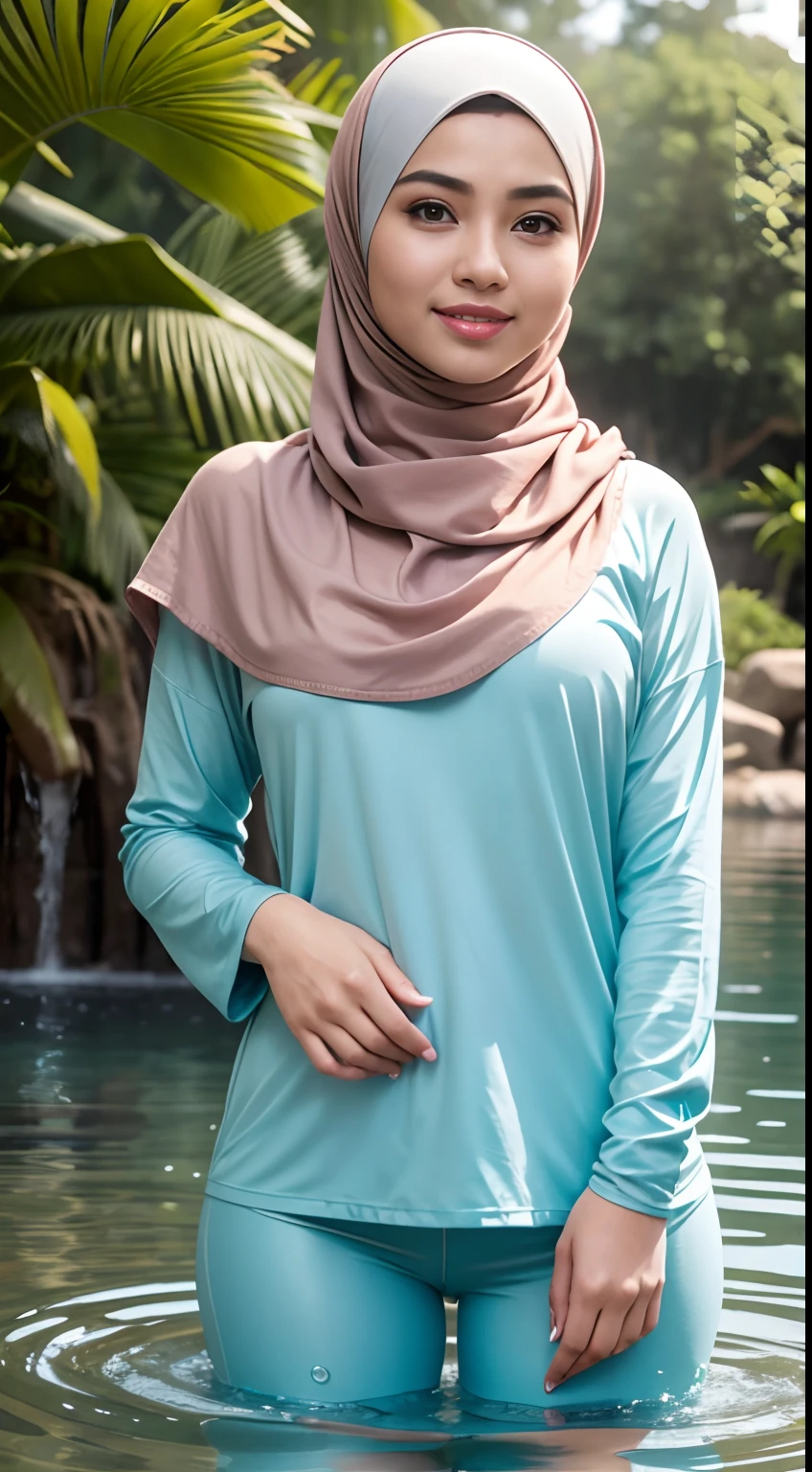 RAW, Best quality, high resolution, masterpiece: 1.3), beautiful Malay woman in hijab (iu:0.8),Best quality, high resolution, Masterpiece: 1.3, Beautiful  hijabi malay girl, Masterpiece, Soft smile,Beautiful Malay women wear pastel color hijab setting in water park , waterpoll,bright sunshine, hiking clothes, pullover, long pants, highres,4k,HDR,1girl, photorealistic, realistic,sweat skin, wet clothes, wet body, big breast, ((full body))soaked, dripping, smiling at viewer, closeup