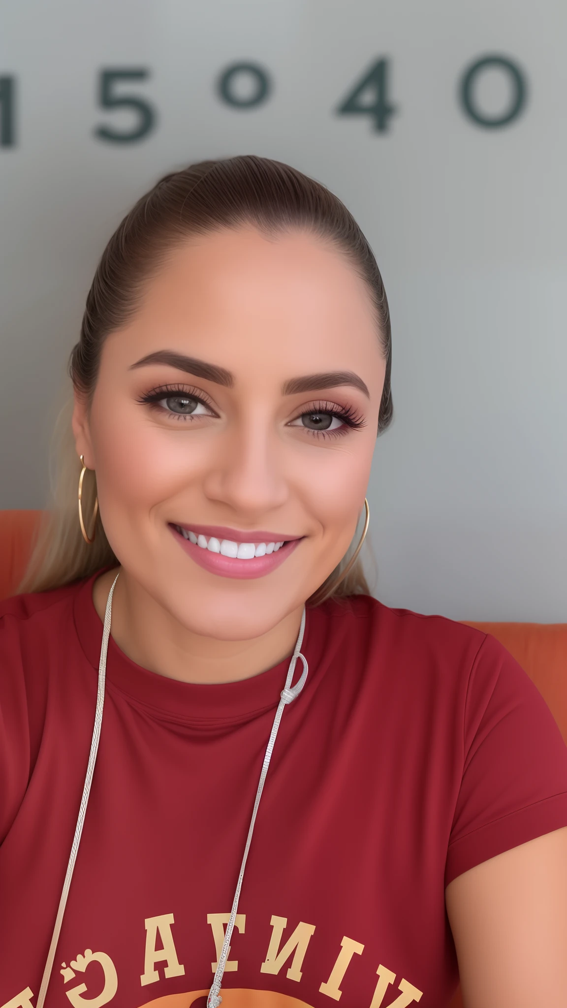 Smiling woman in red shirt sitting on orange sofa with coffee, Mulheres de 40 anos, Mulher de 30 anos, 3 0 anos de idade mulher, Directed by: Nandor Soldier, fernanda suarez, imagem de perfil, Lorena Avarez, foto de perfil headshot, 3 6 anos, 38 anos, Malika Favre, Marischa Becker