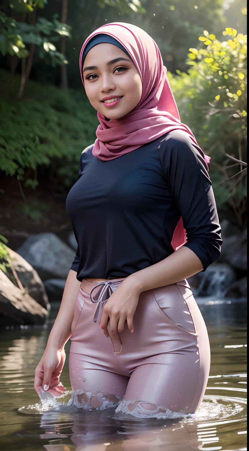 RAW, Best quality, high resolution, masterpiece: 1.3), beautiful Malay woman in hijab (iu:0.8),Best quality, high resolution, Masterpiece: 1.3, Beautiful hijabi malay girl, Masterpiece, Soft smile,Beautiful Malay women wear pastel color hijab setting in water park , waterpoll,bright sunshine, hiking clothes, pullover, long pants, highres,4k,HDR,1girl, photorealistic, realistic,sweat skin, wet clothes, wet body, big breast, ((full body))soaked, dripping, smiling at viewer, closeup
