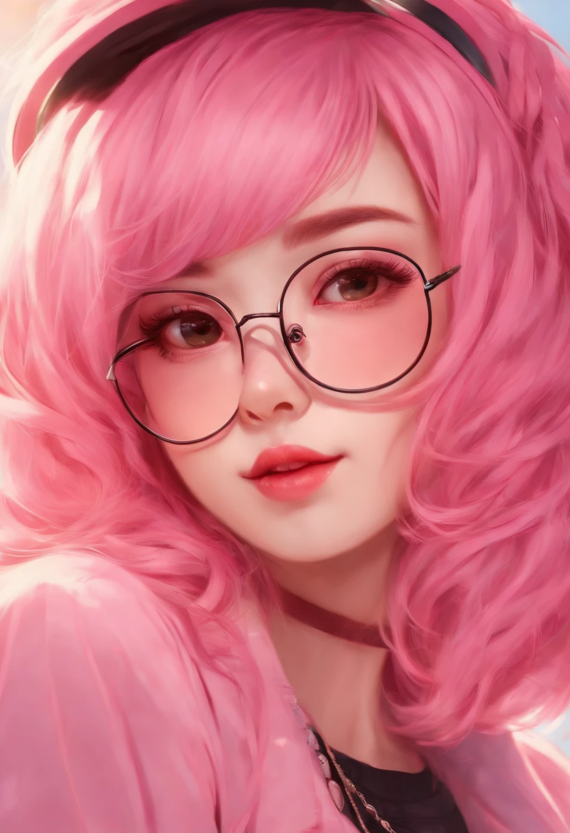 IMVU, pink hair, pink heart eyes, white round glasses, pale skin, white and pink cow ears, white horns with pink bows, fuzzy white jacket with pink spots, pink cowbell choker, kawaii, soft, high quality, masterpiece, 8k