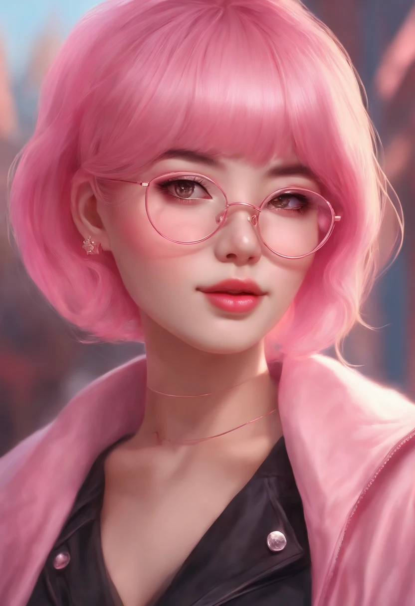 Close-up of a woman with pink hair wearing glasses, artwork in Guvez style, Guvez, kawaii realistic portrait, inspired by Seihiko-kun, glowing pink face, pink girl, beautiful anime portrait, pink glasses, glowing pink eyes, realistic anime 3 D style, Yanjuncheng, realistic anime art style, ((pink)8k