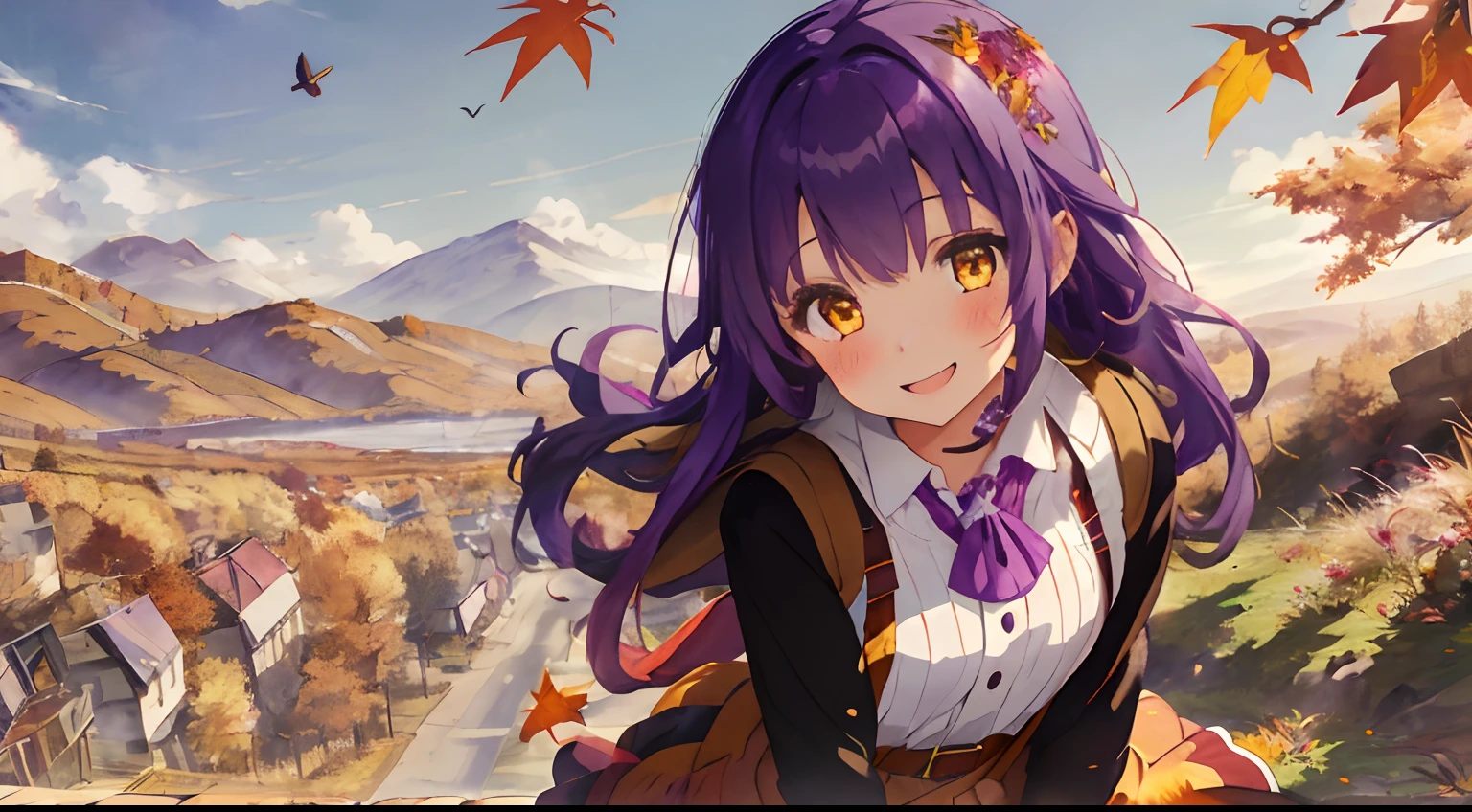 girl with,purple color hair,Yellow eyes,Fluffy dresses,Autumn outfit,Autumn landscape,Colored leaves,Dress Sex,flower field,full of sunlight,Upper Eyes,Smile while blushing,Leaning to the right,Several small birds are flying