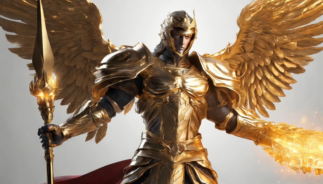 ((The Justice angel)),(take flame blade which reflect the dizzle light),burnning up in fire,equiped with golden armer,((eyes shinning gold beam)),background in holy beaming from the heaven,((illustration style)),official art,epic storry