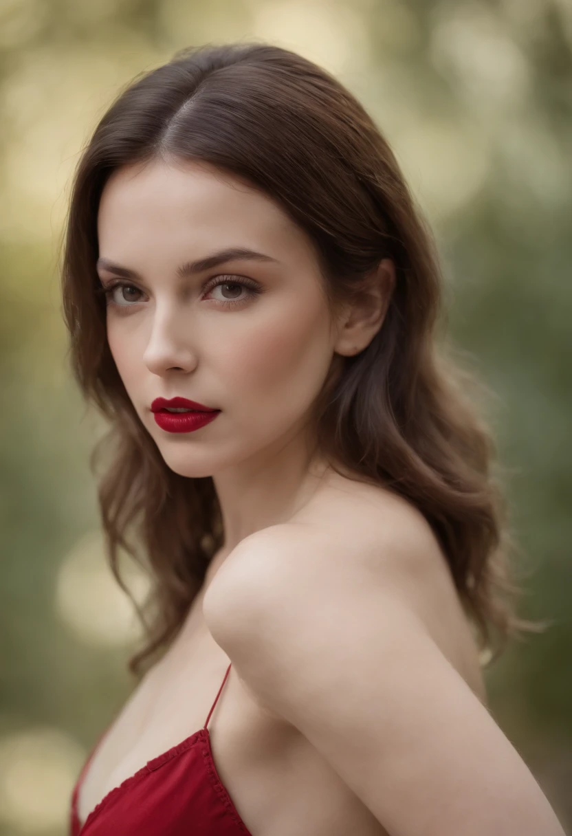girl with reddish-brown hair, ojos azules, Beautiful, cuerpo completo, small breasts, piernas abiertas, en la parte posterior, con un vestido corto negro con medias de red, tacones altos, red lipstik