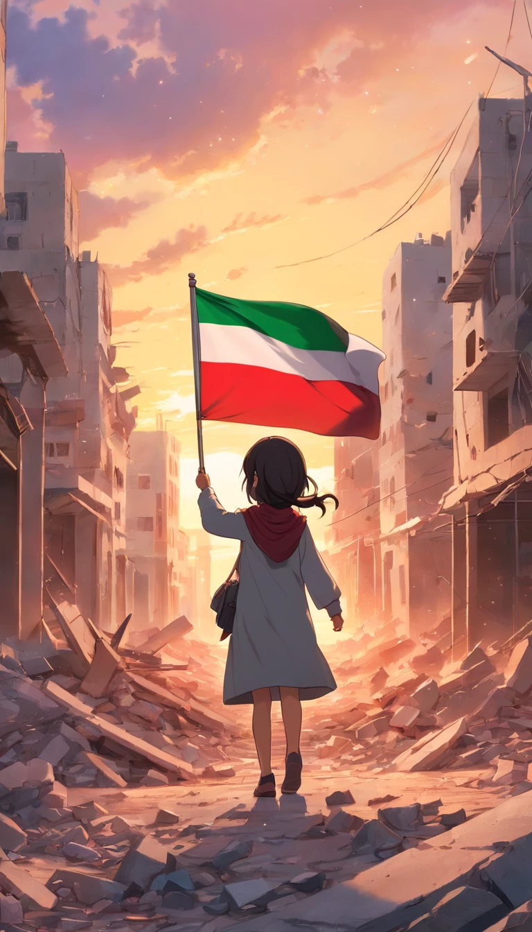 palestine flag correctly, dramatic sunset and cloudy, stars, Palestine earthquake, one little girl using hijab from behind hold a waving Palestine flag looking at rubble and destruction, somber, hope, Palestine flag, hijab, muslim