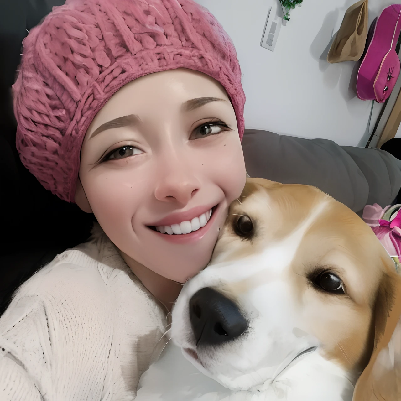 Arafed woman in a pink hat and sweater holding a dog, wearing a cute hat, selfie of a dog, wearing a pink head band, imagem de perfil, sorriso caloroso e gentil, it's wearing a cute little hat, Directed by: Nandor Soldier, by Amelia Peláez, foto do perfil, imagem de qualidade muito baixa, aw