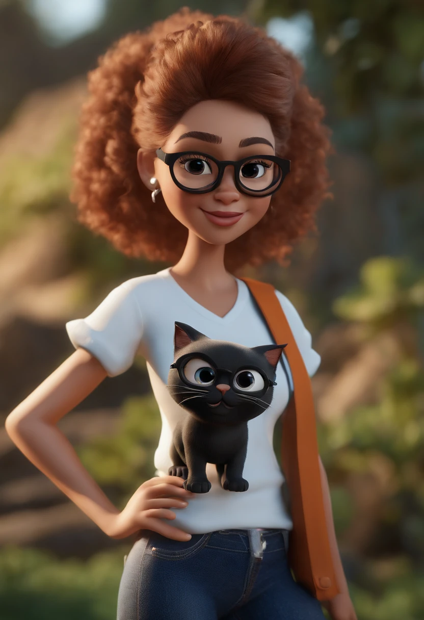 personagem dos desenhos animados de uma menina, cabelos longos pretos com franja, olhos castanhos escuros, with black glasses and a kitten t-shirt, black Allstar jeans and sneakers,animation character, Caractere estilizado, animation style rendering, 3D estilizado, Arnold Maya render, 3 d render stylized, toon render keyshot, Personagem 3D, Personagem 3D, 3d rendering stylized, 3 d character render, personagem de desenho animado, Personagem de close up, Pose de personagem,  (Estilo Pixar) (master part:1.2) (Bokeh) (best quality) (pele detalhada) (textura detalhada) (8k) (argila) (Cinematic lighting) (foco nítido
