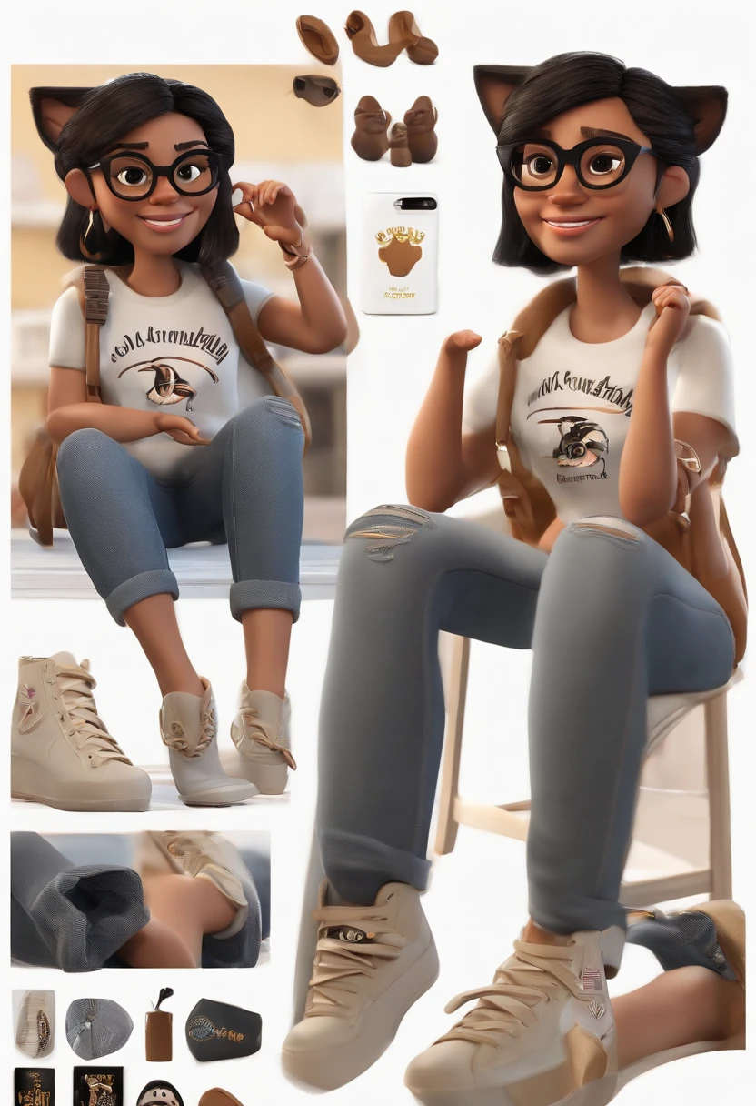 personagem dos desenhos animados de uma menina, cabelos longos pretos com franja, olhos castanhos escuros, with black glasses and a kitten t-shirt, black Allstar jeans and sneakers,animation character, Caractere estilizado, animation style rendering, 3D estilizado, Arnold Maya render, 3 d render stylized, toon render keyshot, Personagem 3D, Personagem 3D, 3d rendering stylized, 3 d character render, personagem de desenho animado, Personagem de close up, Pose de personagem, (Estilo Pixar) (master part:1.2) (Bokeh) (best quality) (pele detalhada) (textura detalhada) (8k) (argila) (Cinematic lighting) (foco nítido