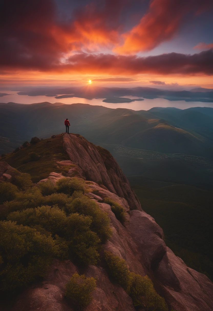 man on top of a mountain, sunset, nature, hd