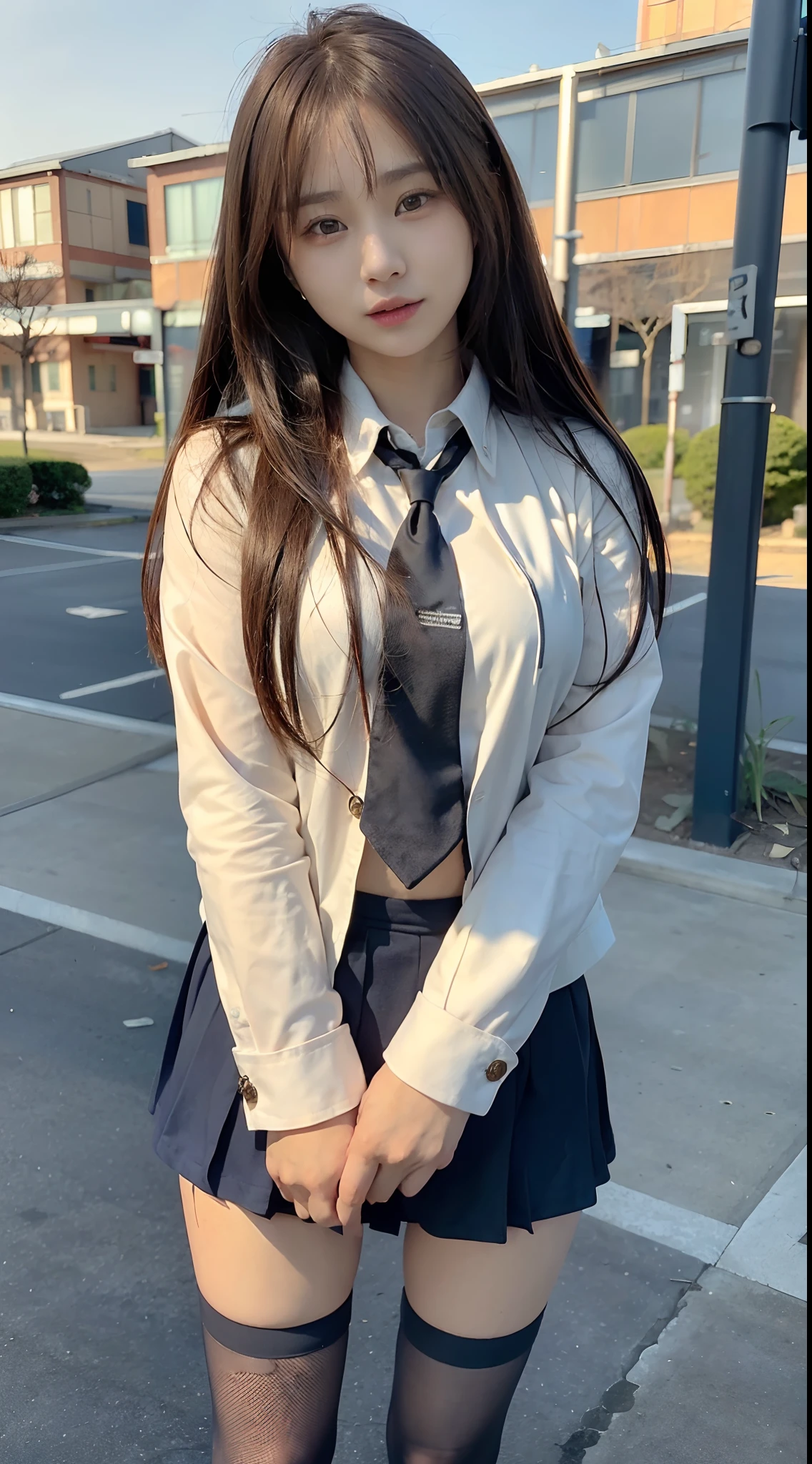 mix4, (16 K, Raw photography, Top image quality, ​masterpiece: 1.45), (realisitic, Photorealsitic: 1.37), one girls, cute little, A city scape,, profetional lighting, photon maping, school classrooms, physically-based renderingt, dark brown  hair,pony tail hairstyle, Well-groomed and beautiful eyes、((二重まぶた))、Transcendent Cute Girl, (((student clothes、blazers、Long sleeve shirt worn by Japan high school girl、Ribbon Ties、Dark blue mini skirt,、Dark blue socks、Black loafers))), Top Quality Photos, hight resolution, 1080p, (clearface), (Detailed face description), (Detailed hand description), (​masterpiece), (Exquisite CG)、extreme light and shadows、dishevled hair、master work、abundant detail、(Fine facial features)、(top quality photo)、(masuter piece)、(A detailed eye)、Look in front of you、Fine clavicle、((Slender big))、(((Japan schoolgirls wear jackets and long-sleeved shirts)))、((Neat and clean idol))、((School Gate、school ground、School building in the background))、(Shooting from random perspectives)、(((Anyway cute)))、耳Nipple Ring、A big smile、Drawing the whole body from the knees、Do not draw nasolabial folds、(((Sports bags used by Japan schoolgirls)))、(Big breasts that hang down big:1.2)、Big buttocks with tension、Two arms and two legs、(((from the front side:0.7)))、bare hand、(((Left and right symmetrical eyes)))、Standing Pose、Put your hands on your desk、Do not take the tie out of the jacket、Raise your buttocks:1.5，barebacked:1.5，