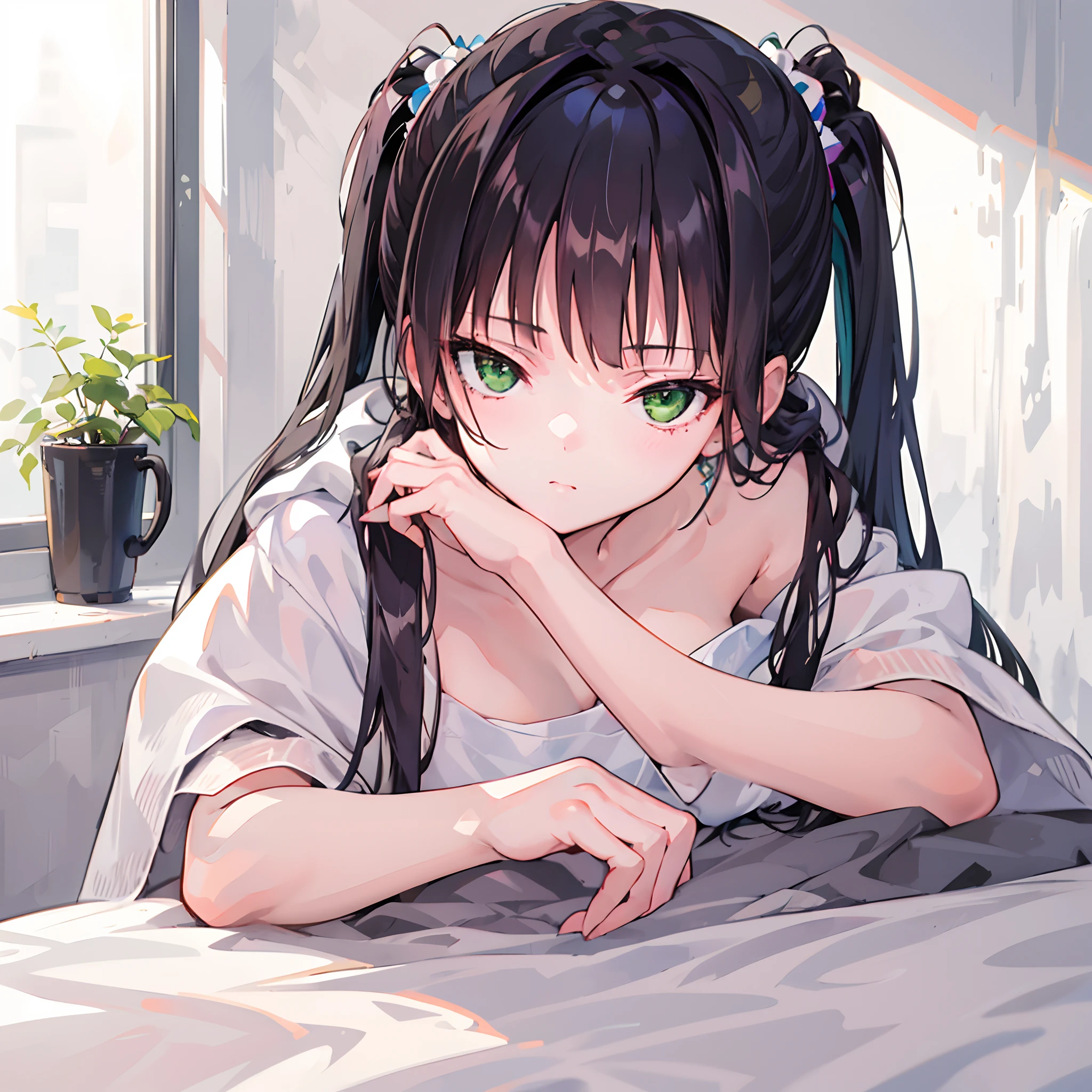 (1 girl: 1.1) ,,//, Green eyes, lying on the bed, Bath towel