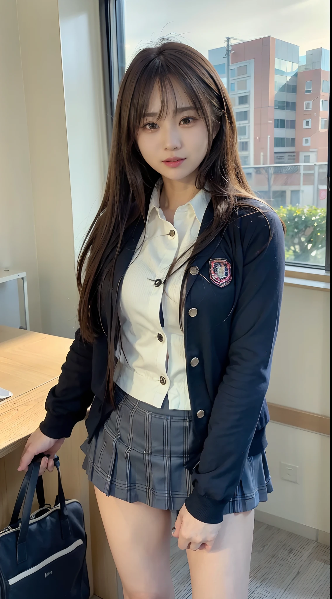 mix4, (16 K, Raw photography, Top image quality, masterpiece: 1.45), (realisitic, Photorealsitic: 1.37), one girls, cute little, A city scape,, profetional lighting, photon maping, school classrooms, physically-based renderingt, dark brown hair,pony tail hairstyle, Well-groomed and beautiful eyes、((二重まぶた))、Transcendent Cute Girl, (((student clothes、blazers、Long sleeve shirt worn by Japan high school girl、Ribbon Ties、Dark blue mini skirt,、Dark blue socks、Black loafers))), Top Quality Photos, hight resolution, 1080p, (clearface), (Detailed face description), (Detailed hand description), (masterpiece), (Exquisite CG)、extreme light and shadows、dishevled hair、master work、abundant detail、(Fine facial features)、(top quality photo)、(masuter piece)、(A detailed eye)、Look in front of you、Fine clavicle、((Slender big))、(((Japan schoolgirls wear jackets and long-sleeved shirts)))、((Neat and clean idol))、((School Gate、school ground、School building in the background))、(Shooting from random perspectives)、(((Anyway cute)))、耳Nipple Ring、A big smile、Drawing the whole body from the knees、Do not draw nasolabial folds、(((Sports bags used by Japan schoolgirls)))、(Big breasts that hang down big:1.2)、Big buttocks with tension、Two arms and two legs、(((from the front side:0.7)))、bare hand、(((Left and right symmetrical eyes)))、Standing Pose、Put your hands on your desk、Do not take the tie out of the jacket、Raise your buttocks:1.5,barebacked:1.5,