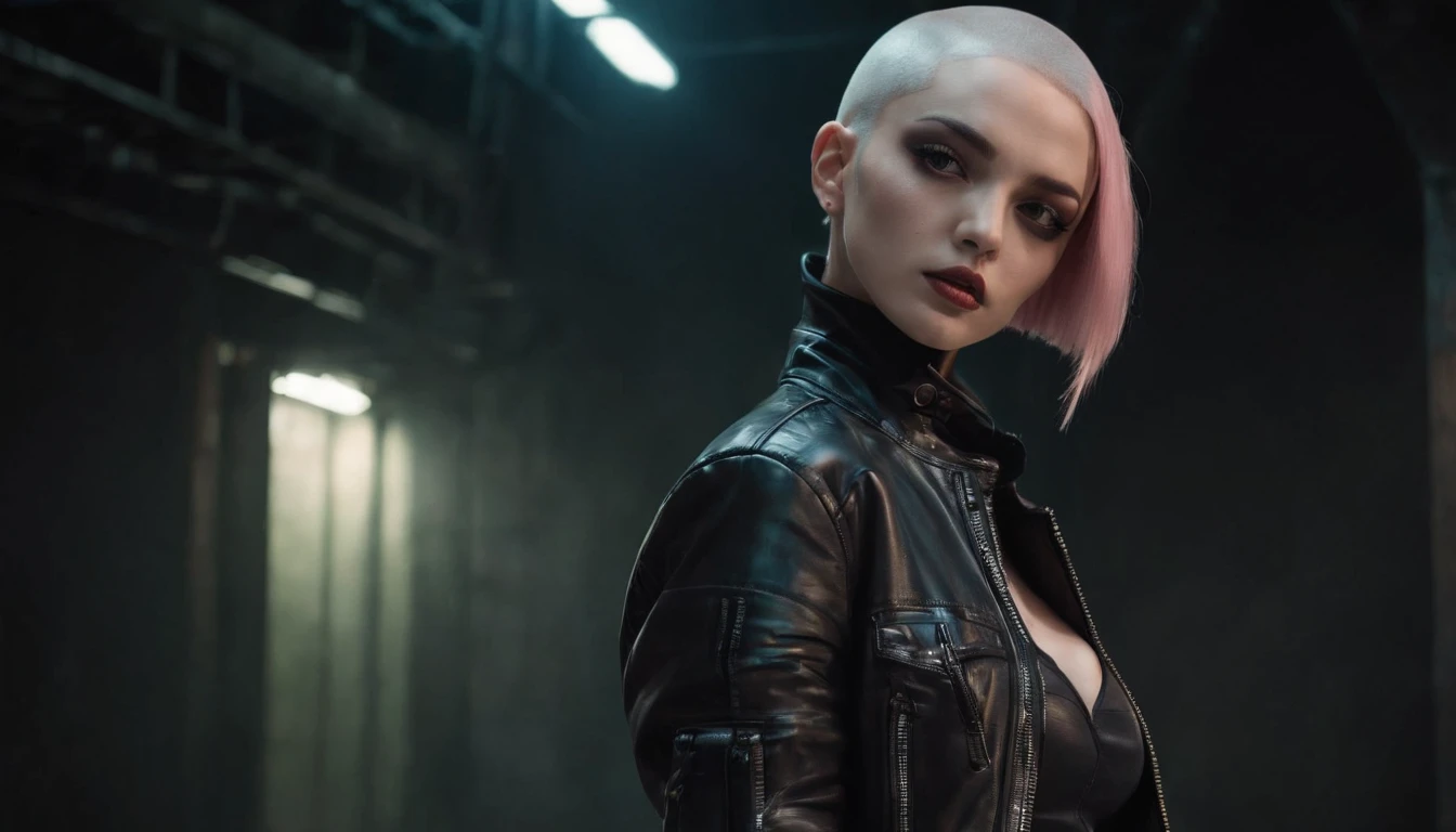 Beautiful shaved head woman dressed in leather jacket and fishnet bodysuit dancing in an underground rave, black make-up, techno aesthetic, techno rave, sensual pose, ultra detailed, photorealistic, masterpiece.