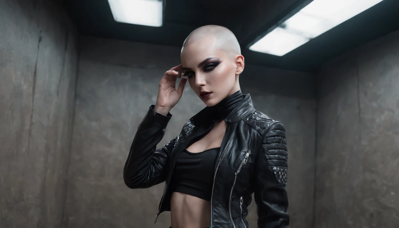 Beautiful shaved head woman dressed in leather jacket and fishnet bodysuit posing for a photo in a night club, black make-up, techno aesthetic, sensual pose, ultra detailed, photorealistic, masterpiece.