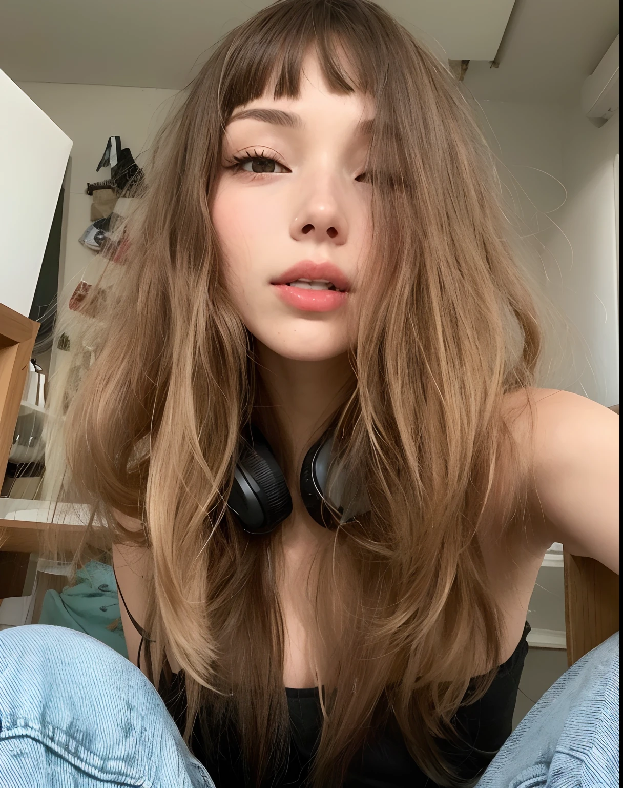 mulher arafed com fones de ouvido sentada em uma cadeira em uma sala, cabelos castanhos e franja, Retrato Sophie Mudd, cabelo castanho com franja, cabelo longo castanho com franja, franja marrom, cabelos longos com franja, cabelo arrumado com franja, Kailee Mandel, franja central separada, linda Delphine, Pokimane, cabelo whitebangs cabelo, franja de cortina