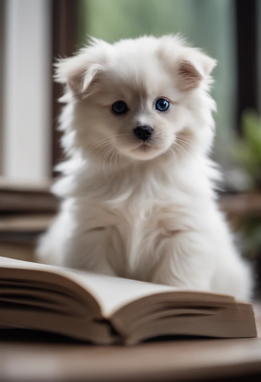 White ragdoll puppy,Black eyes and beautiful fur sit on the windowsill. Puppies are interested in books、Affectionate.