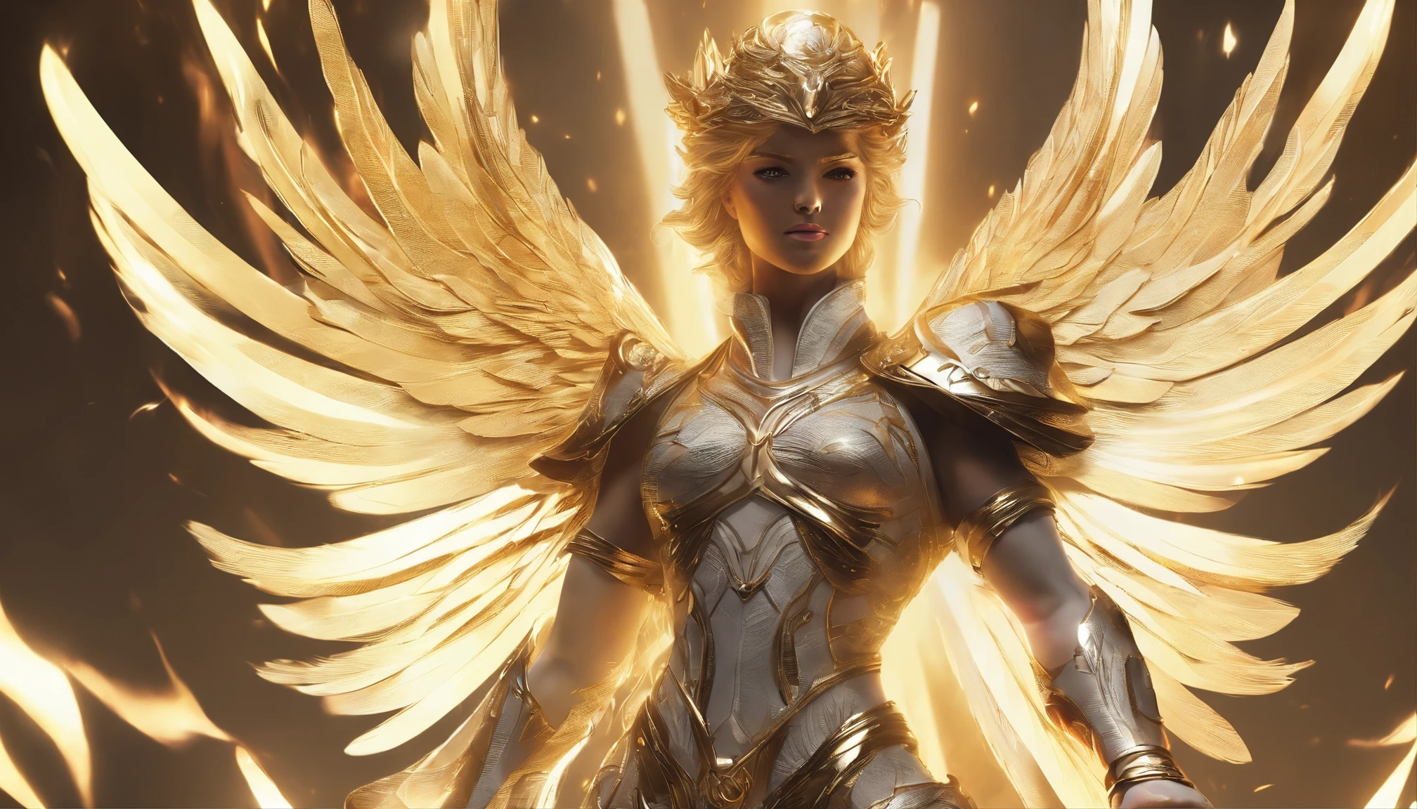 ((The Justice angel)),(take flame blade which reflect the dizzle light),burnning up in fire,equiped with golden armer,((eyes shinning gold beam)),background in holy beaming from the heaven,((illustration style)),official art,epic storry