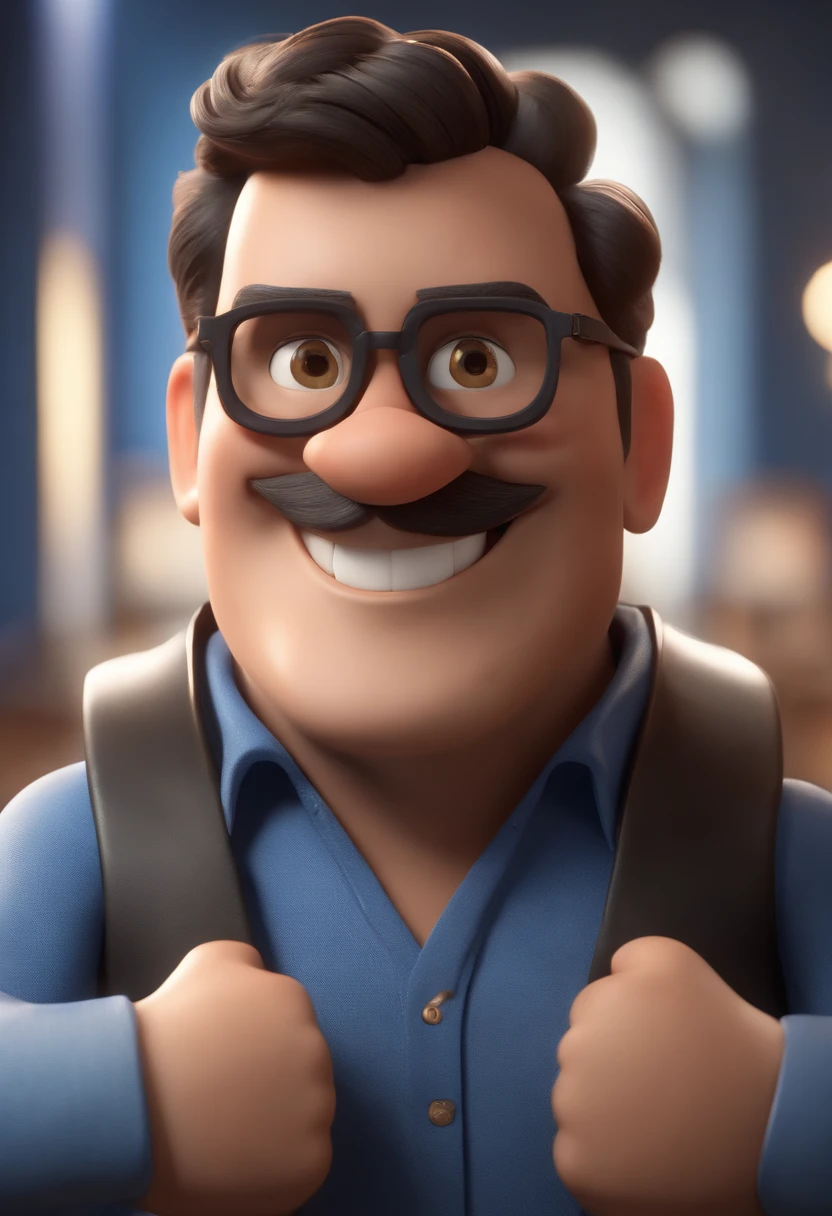 Cartoon character of a man with black glasses, cabelo cacheado marrom escuro e uma camisa azul, animation character, Caractere estilizado, animation style rendering, 3D estilizado, Arnold Maya render, 3 d render stylized, toon render keyshot, Personagem 3D, Personagem 3D, 3d rendering stylized, 3 d character render, personagem de desenho animado, Personagem de close up, Pose de personagem,  (Estilo Pixar) (master part:1.2) (Bokeh) (best quality) (pele detalhada) (textura detalhada) (8k) (argila) (Cinematic lighting) (foco nítido