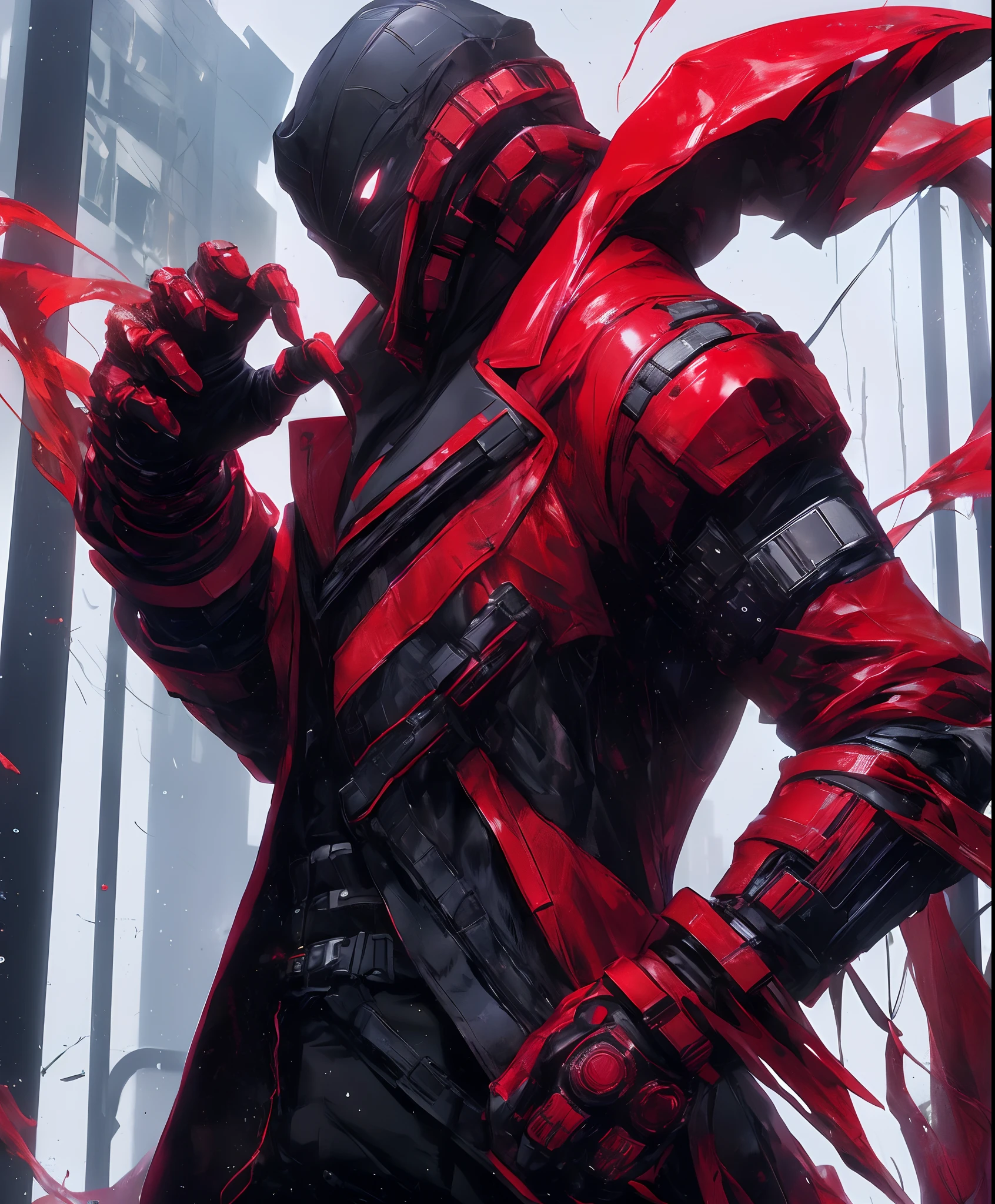 a man in a red jacket and black pants standing in a dark room, wearing cultist red robe, crimson attire, character from mortal kombat, as a character in tekken, fighting game character, cyberpunk assassin, red hooded mage, cyberpunk outfits, crimson clothes, the red ninja, wearing leather assassin armor, an edgy teen assassin, cool red jacket, cyberpunk street goon