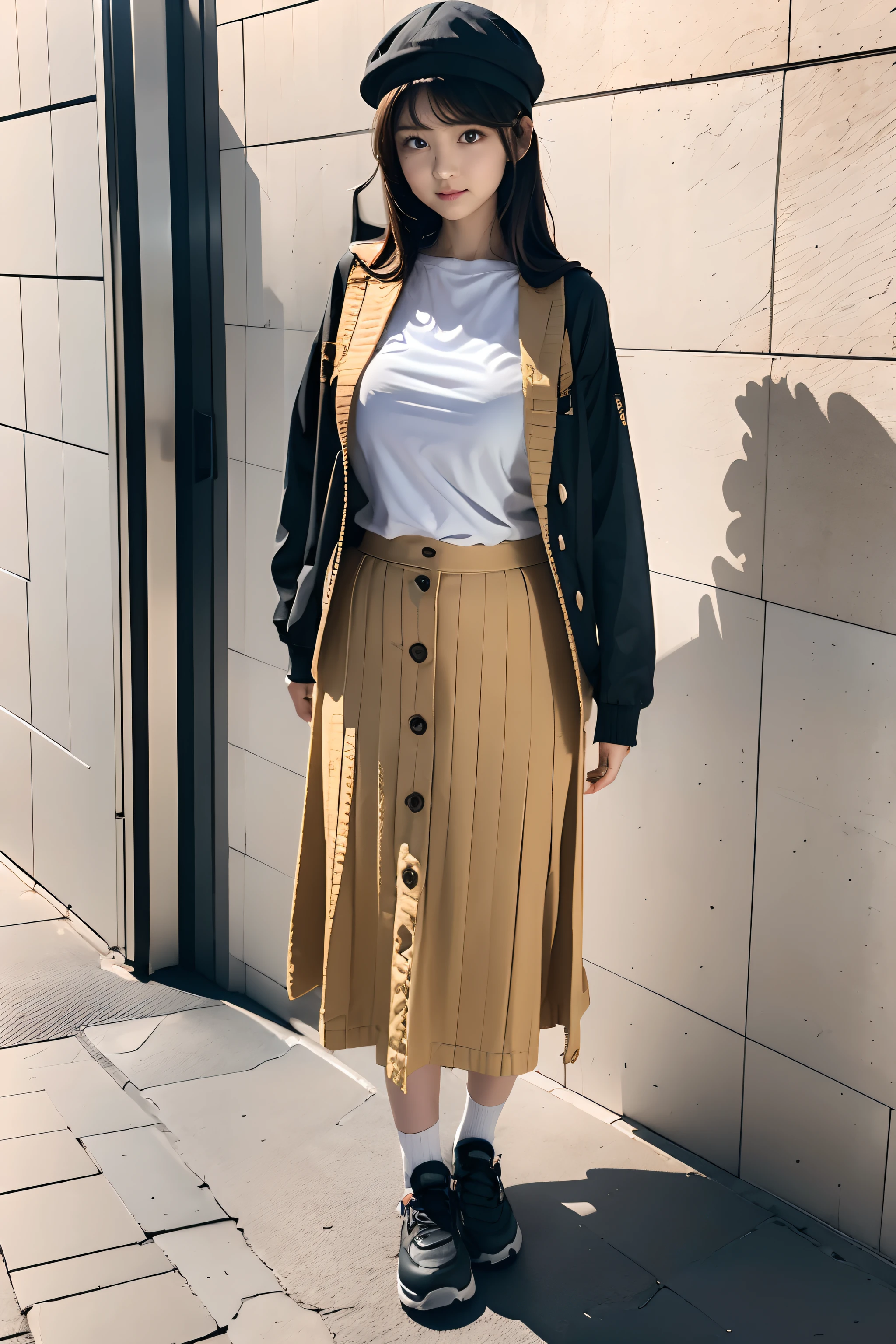 1girl, Front-button chino long skirt, CASQUETTE, waffle pullover, hooded waistcoat, sneaker